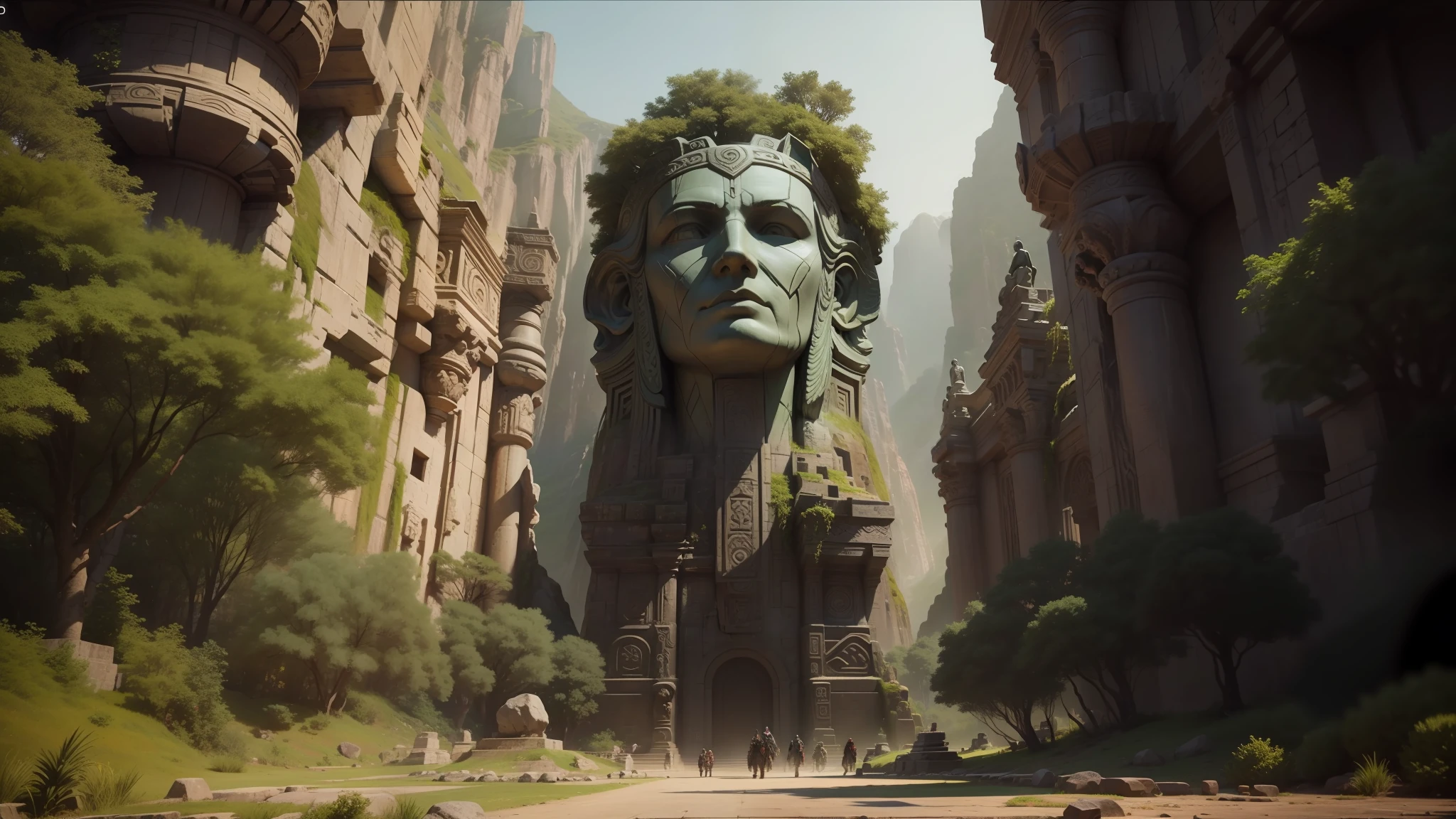 there is a large stone statue in the middle of a forest, stone eyes, movie still from 'thor', neo-andean architecture, face centered, playstation 2 screenshot, concept image, by Jung Park, the lost city of atlantis , face shown, google street view, 3 dmax, psytrance --auto --s2