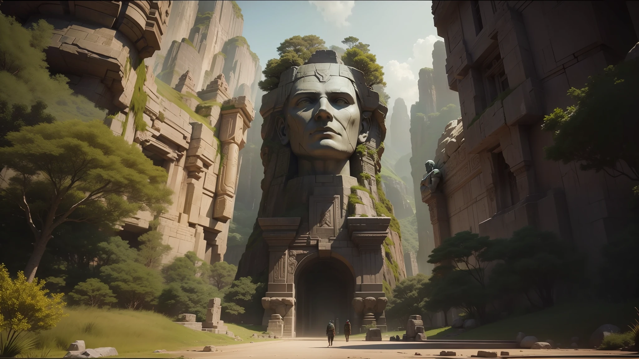 there is a large stone statue in the middle of a forest, stone eyes, movie still from 'thor', neo-andean architecture, face centered, playstation 2 screenshot, concept image, by Jung Park, the lost city of atlantis , face shown, google street view, 3 dmax, psytrance --auto --s2