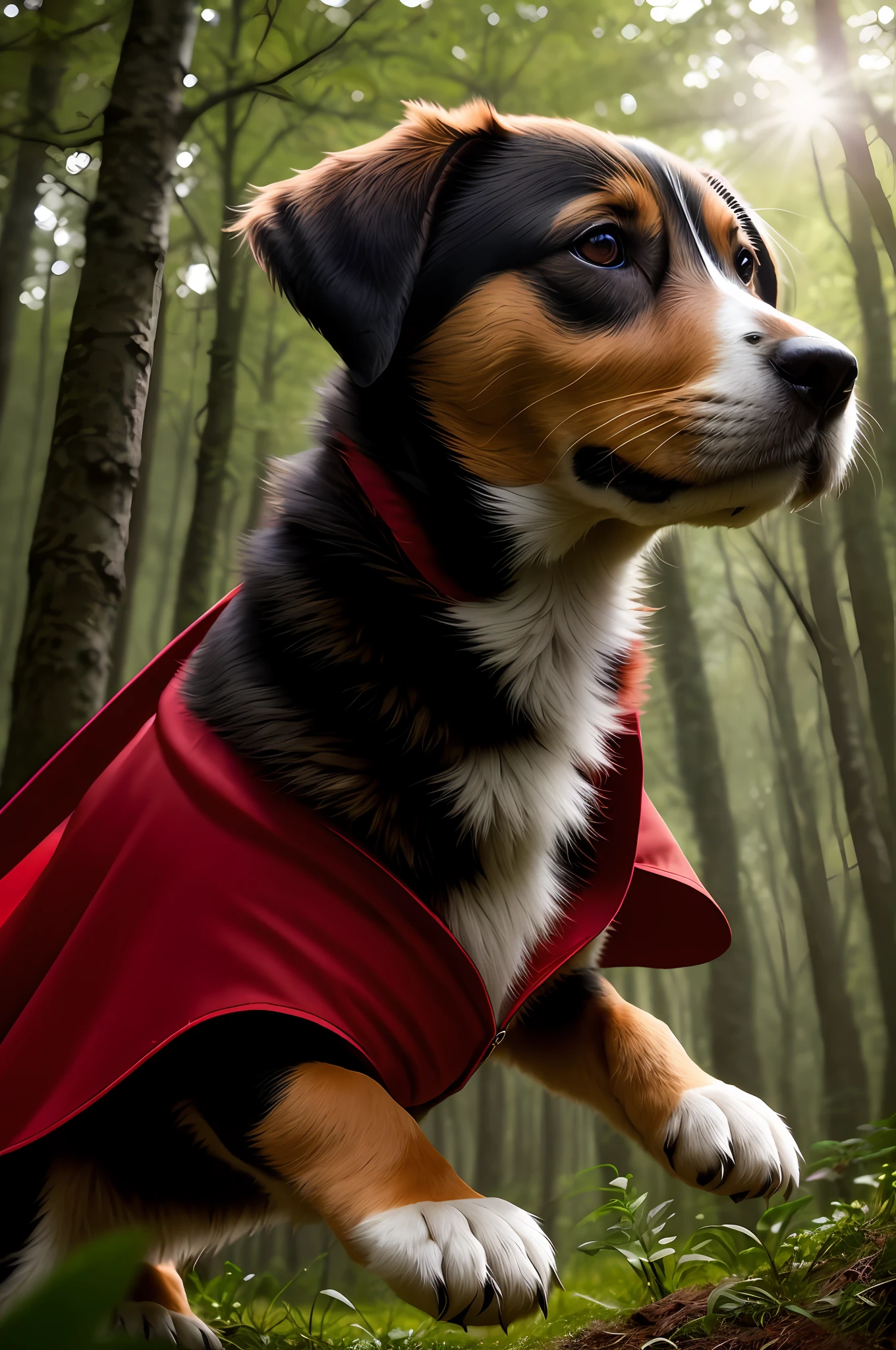 close-up photo of a puppy, with red cape, jumping very cute in the forest, looking at a camera, soft volumetric lights, (backlit: 1.3), (cinematics: 1.2), complex details, (ArtStation: 1.3), Rutkowski