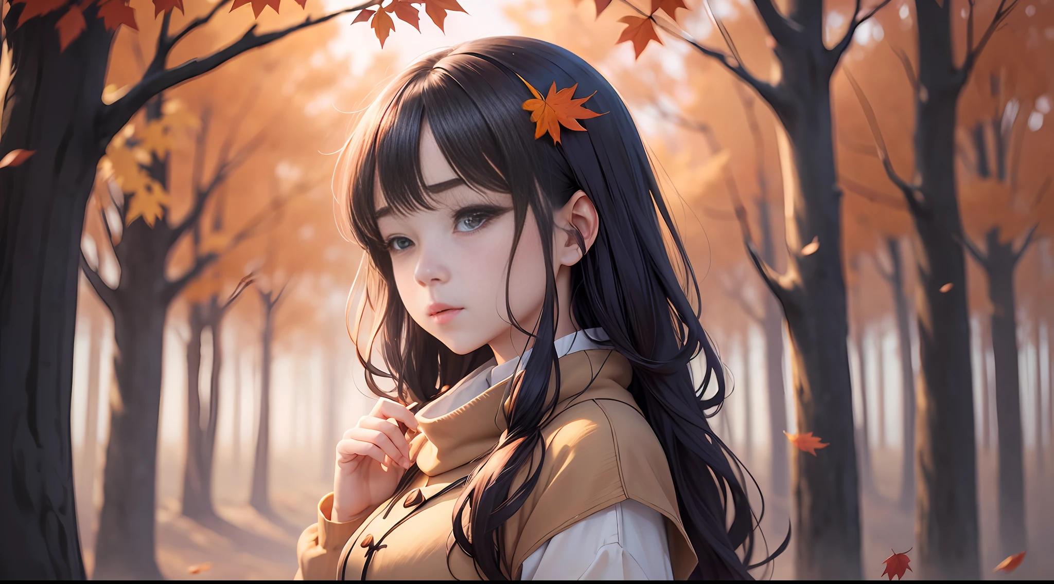 The word "minohorasu" is very beautifully written. Create a beautiful illustration with this word in a delicate color scheme, using blurred backgrounds, calm lighting, and the presence of natural elements such as leaves, wind, and fog. Anime girl. Autumn colors. --auto --s2