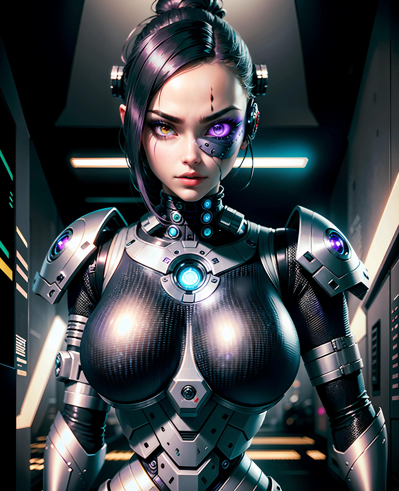 Best Quality, High Detail, 4K, Cybernetic Eye(Purple Color), Eye Implant(Purple Glow), Hard Circle Eye, Round Eye Shape, Clear Eye Pupil, Black Sclera of the Eye, Scar,
