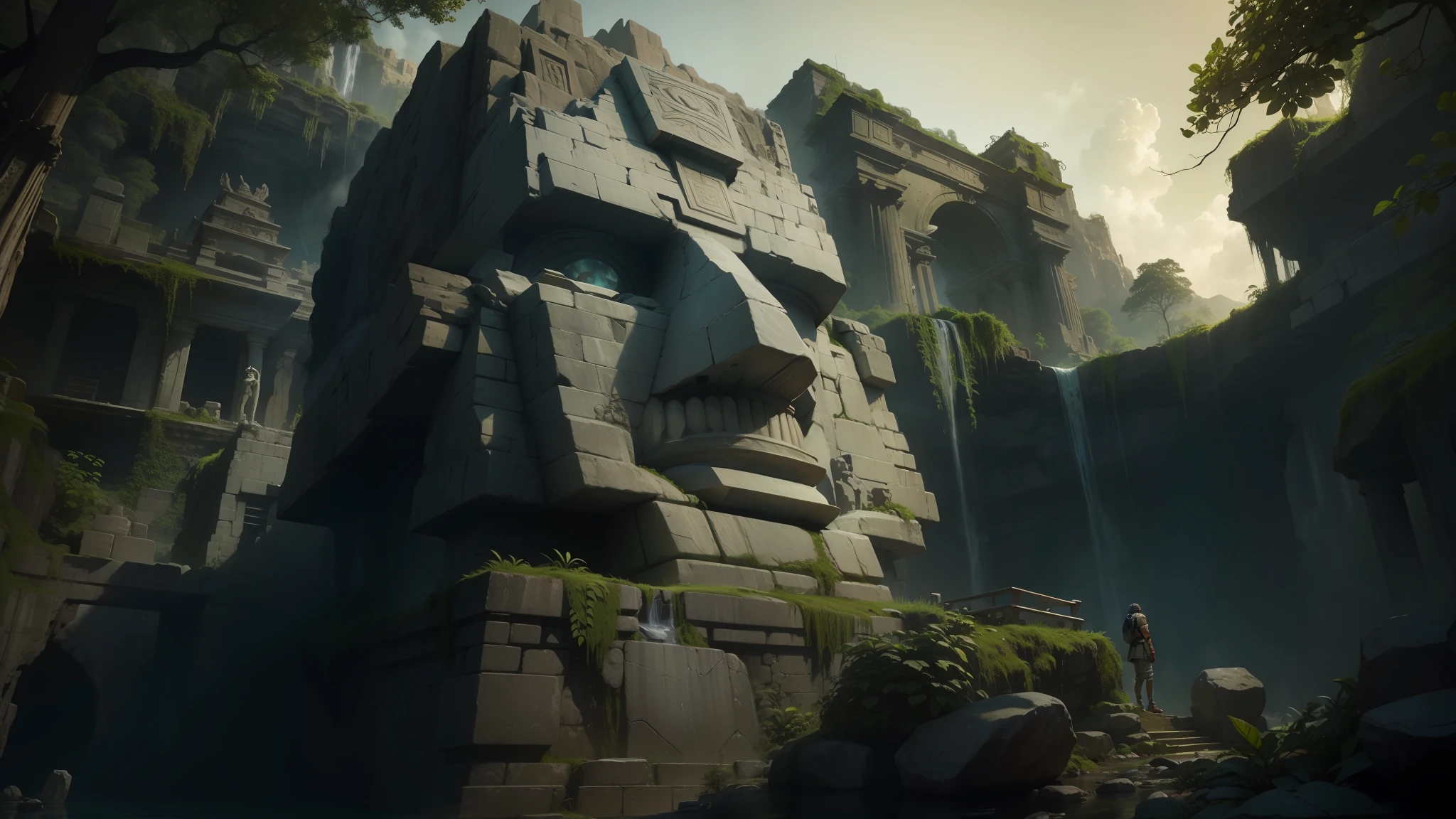 arafed statue in a cave with a waterfall in the background, stone eyes, movie promo image, unreal maya, giant golden statue ruins, inspired by Thomas Crane, white stone temple ruins, video game rendering, face shown, neon aztec, mossy ruins, atlantis, 2d cg, abandoned ruins, 2019, 8k file print --auto --s2