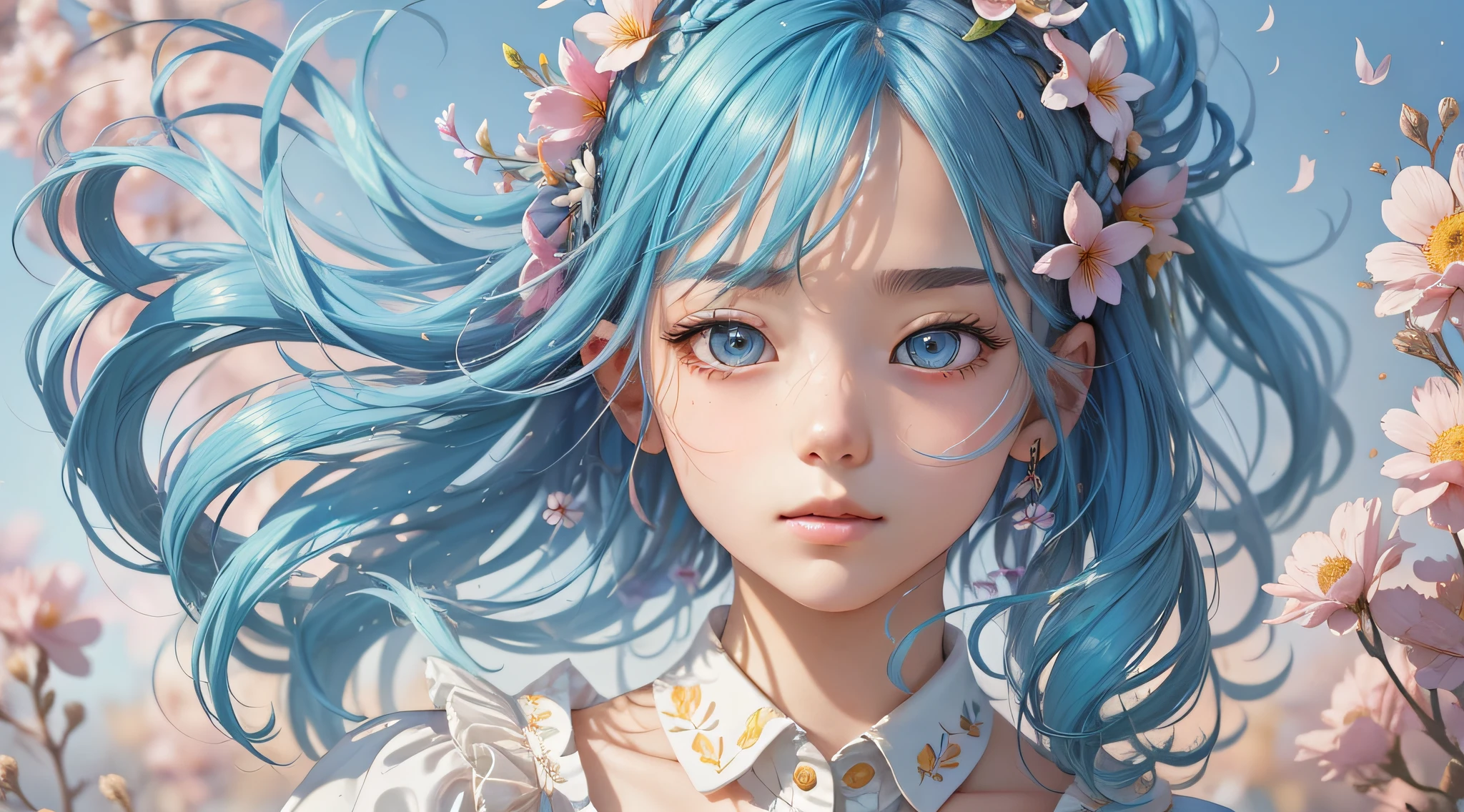 (masterpiece), (best quality), (ultra detailed),(disheveled hair),(illustration), (1girl), (Fashionable clothing), standing, Fashion model, looking at viewer, (interview), (simple background),beautiful detailed eyes, delicate beautiful face, Floating,(high saturation),(colorful splashes),colorful bubble,(shining), focus on face,  ponytail, kamisato ayaka, light blue hair, bangs, hair ring, floating flowers, floating hairs, (shining), best lighting, best shadow,