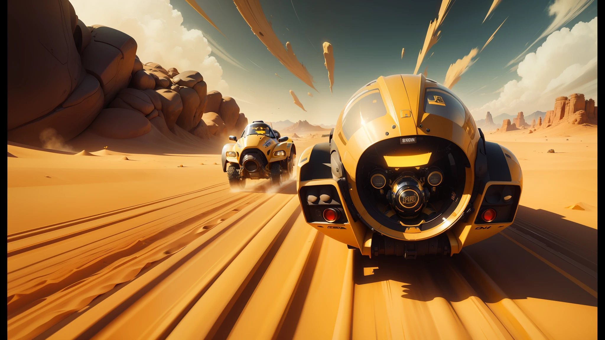 there are three vehicles that are driving in the desert, outer worlds, promotional render, gold and black color scheme, front page of art station, spherical black helmets, passengers, screenshot from a movie, race, ingame image --ar 16:9 --auto --s2