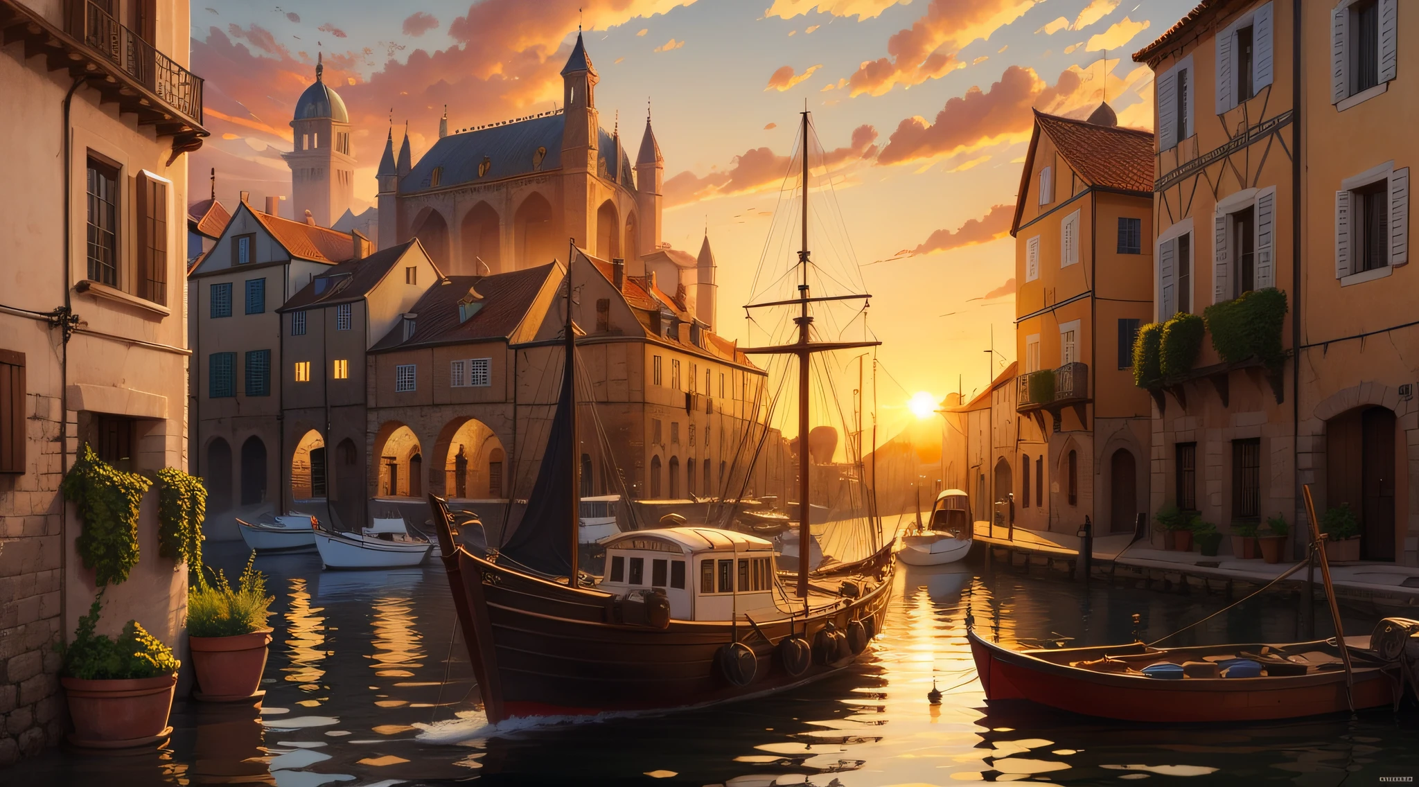 Sunrise in a medieval port city.