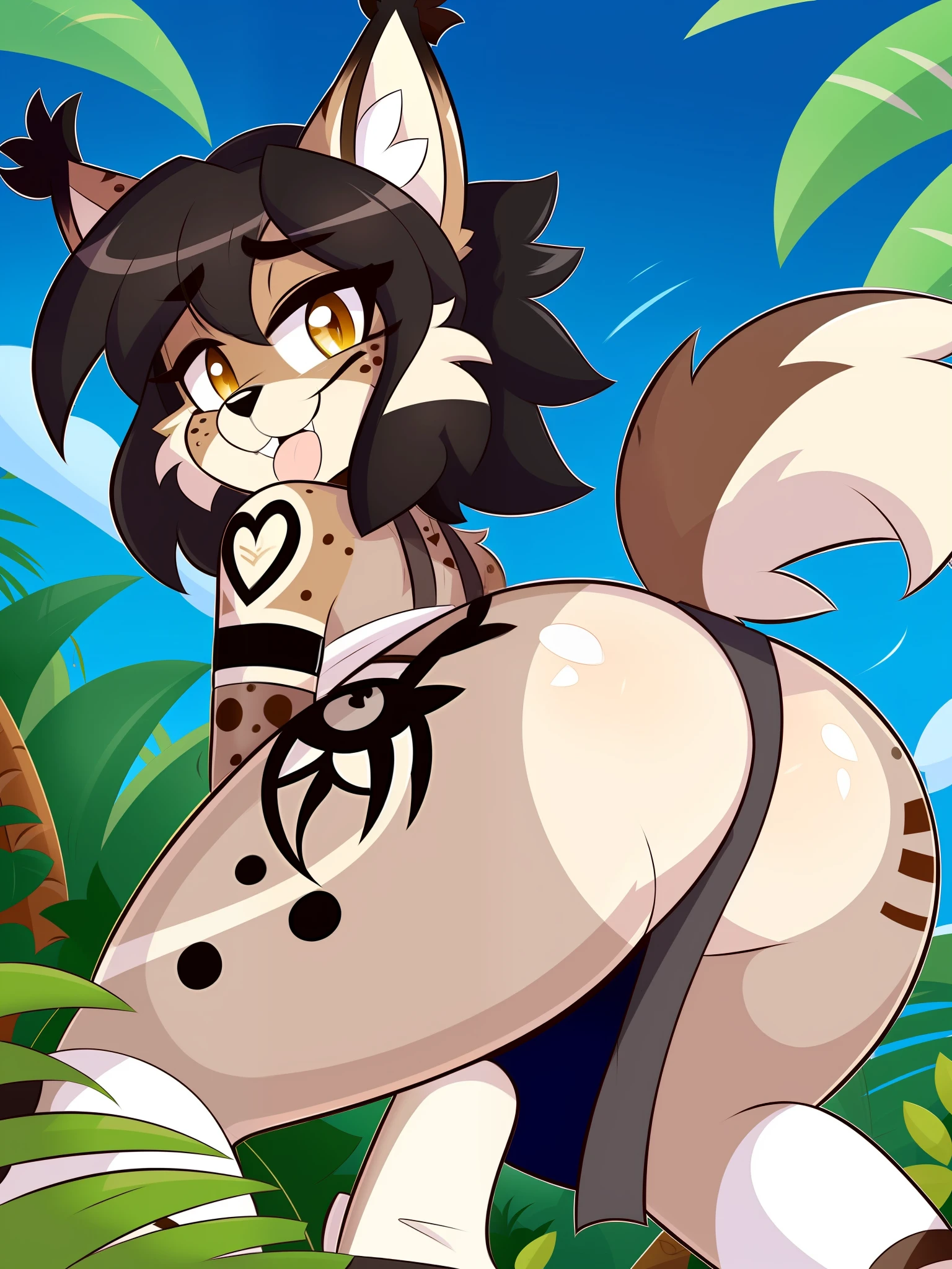 By Kilinah, (Coffeesoda:1.1), Hioshiru, Kilinah, Furry, Lynx, Anthro, Female, Solo, Native, Indigenous, Native Tattoos, Gray Bra, Grey Loincloth, Slave, Pleasure Face, Breathless, Butt, Jungle