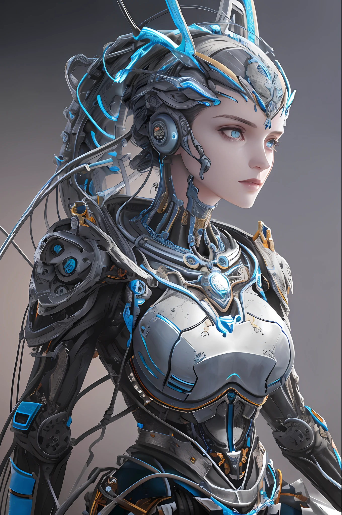 1mechanical girl,((ultra realistic details)), portrait, global illumination, shadows, octane render, 8k, ultra sharp,metal,intricate, ornaments detailed, cold colors, egypician detail, highly intricate details, realistic light, trending on cgsociety, glowing eyes, facing camera, neon details, machanical limbs,blood vessels connected to tubes,mechanical vertebra attaching to back,mechanical cervial attaching to neck,sitting,wires and cables connecting to head