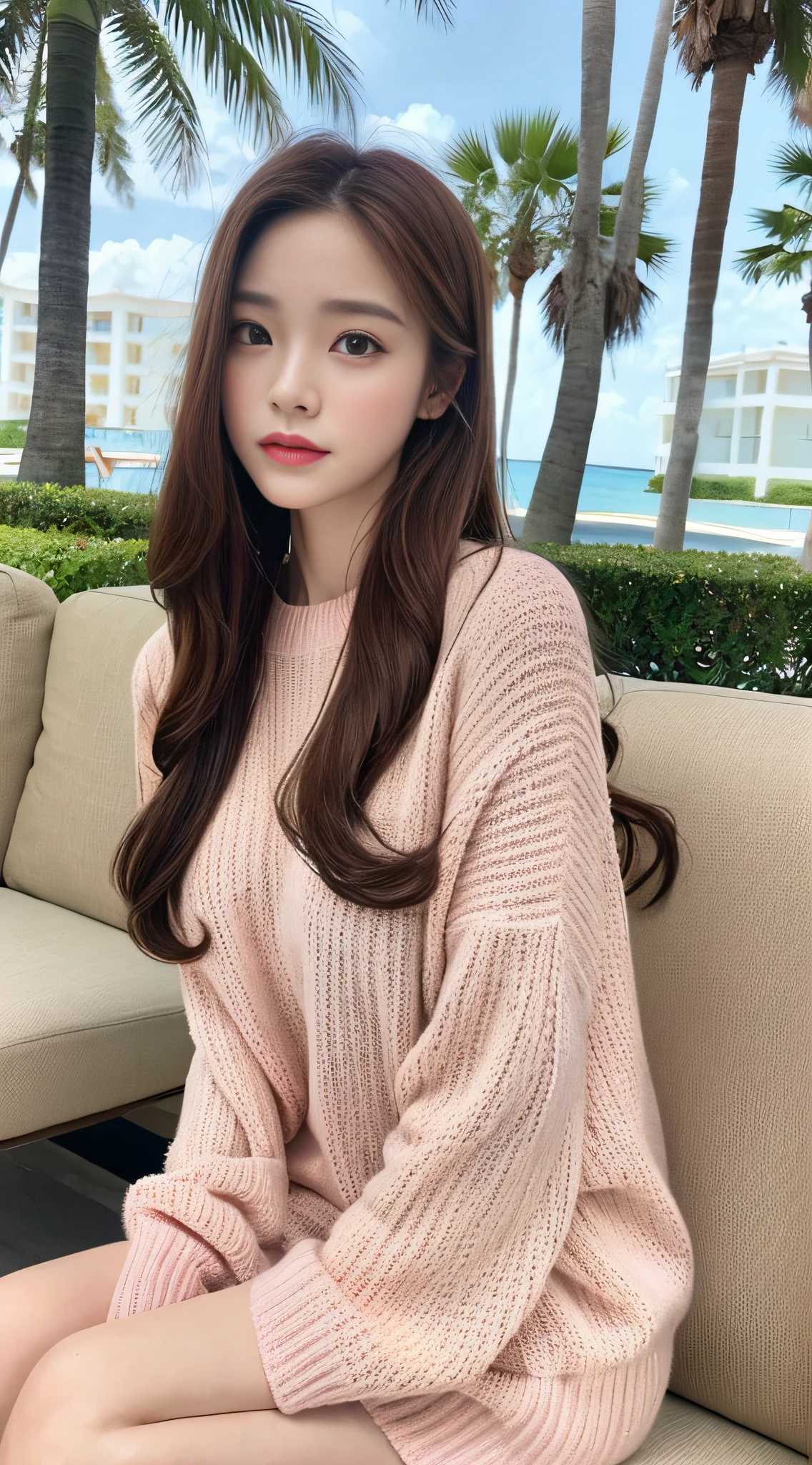 Cinematic photo, beauty 1 person: 1.2, pale pink sweater, long brown hair, super detailed face, sitting on white sofa, background: sea resort, outdoor