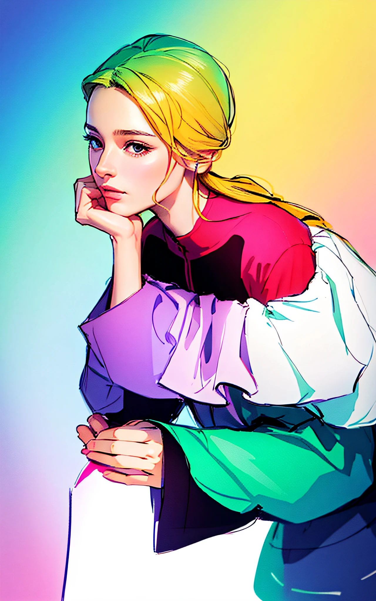 Bright colors, beautiful style, high-quality illustrations, female chin holding hand position, elegant drawing, detailed illustration of clothing and facial features.