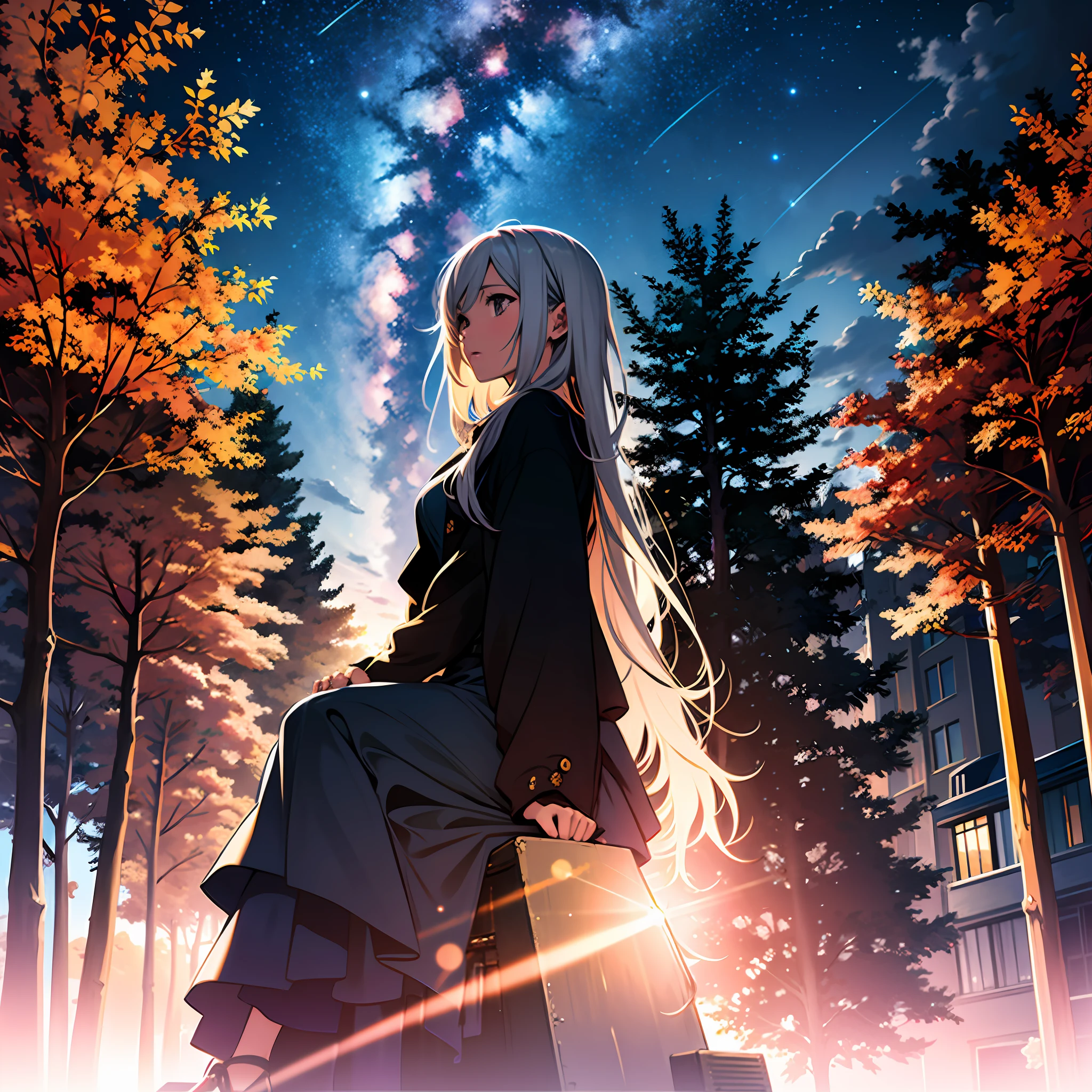 octans, sky, star (sky), scenery, starry sky, night, 1girl, night sky, solo, outdoors, building, cloud, milky way, sitting, tree, long hair, city, silhouette, cityscape
