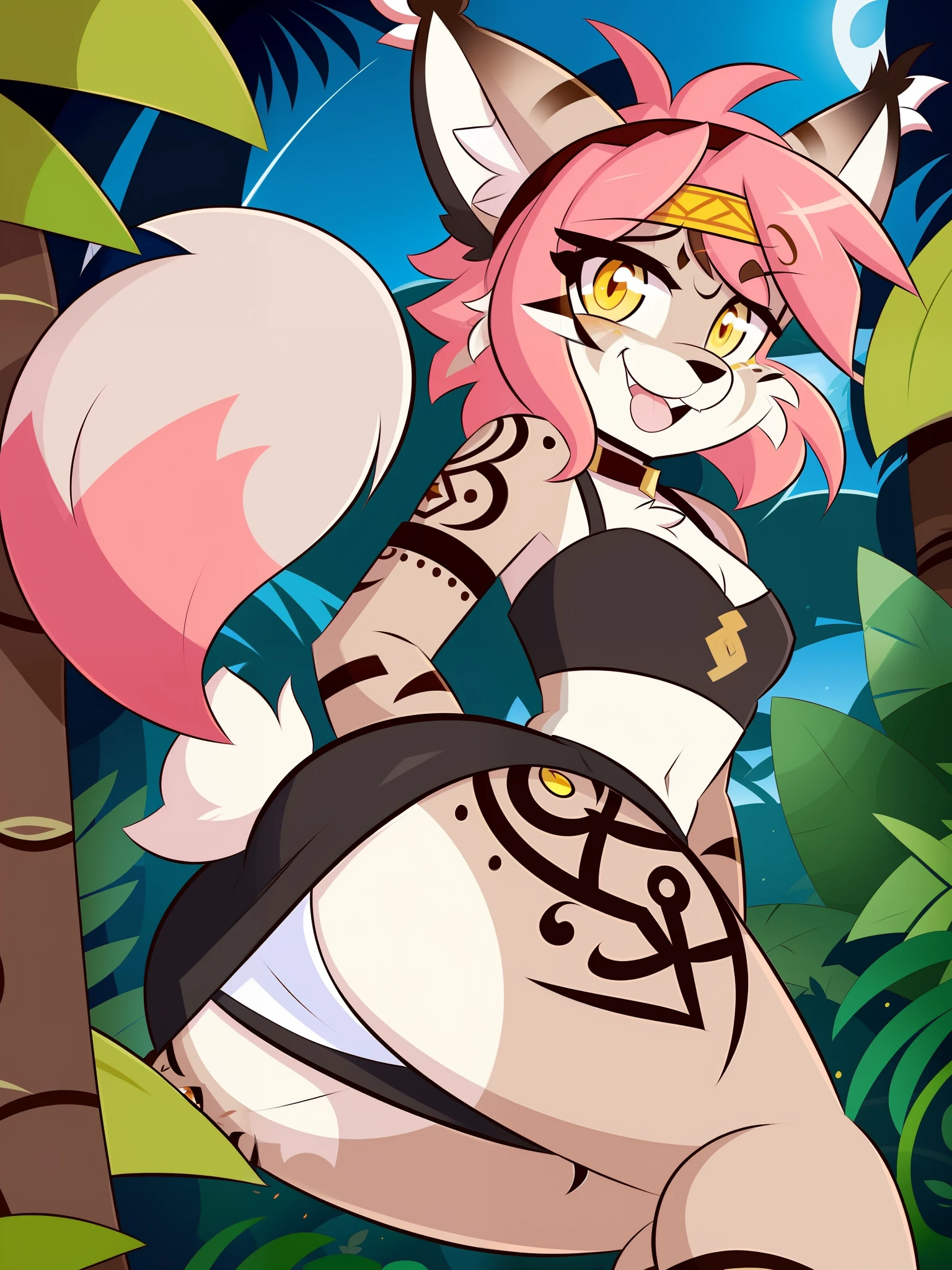 By kilinah, (coffeesoda:1.1), hioshiru, kilinah, furry, lynx, anthro, female, solo, native, indigenous, native tattoos, gray bra, gray loincloth, slave, pleasure face, breathless, butt, jungle, red headband, pink hair, yellow eyes