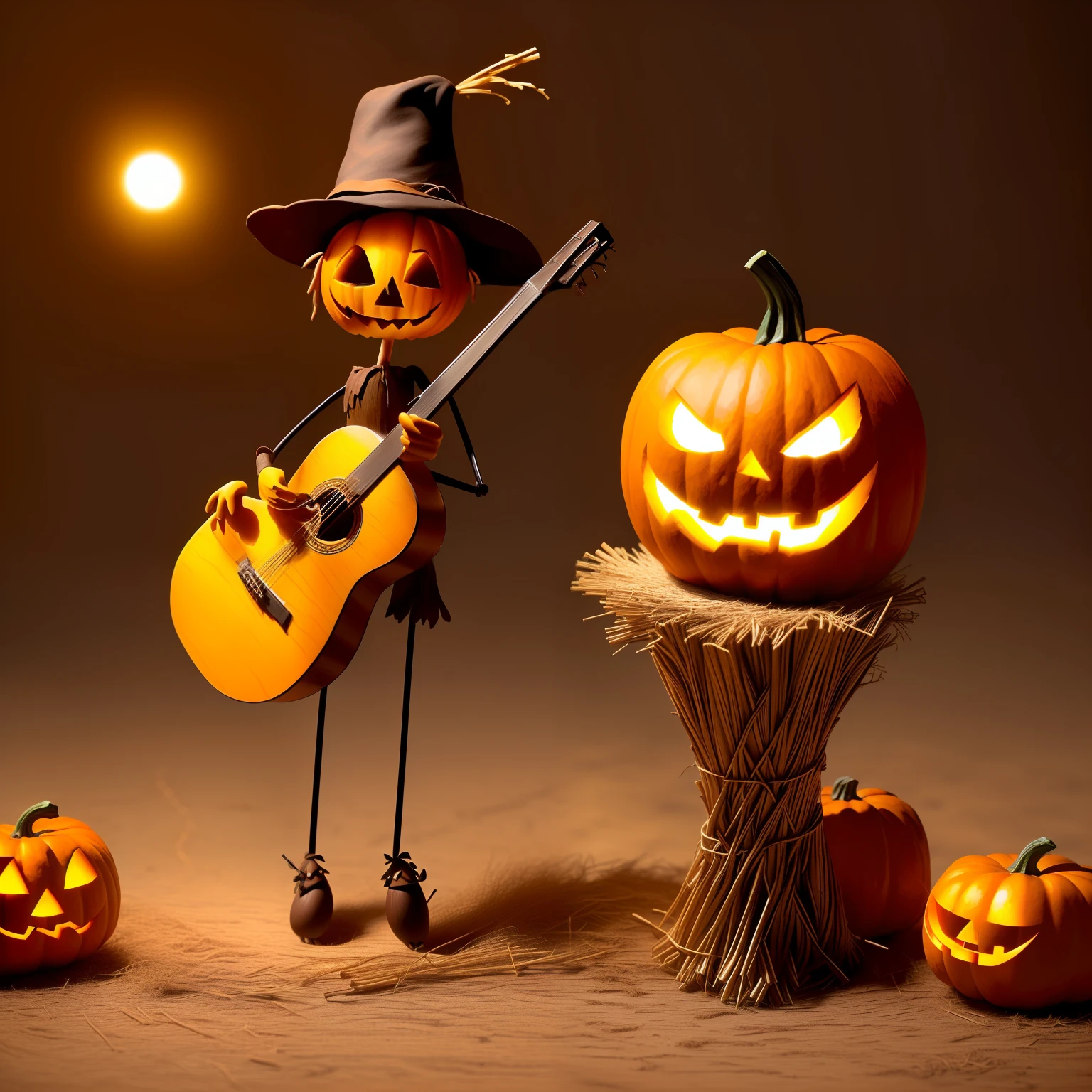 (high quality and ultra-detailed CG image, best illumination and shadow),(naked cute funny little small thin musician scarecrow figurine with scare pumpkin head,  small wooden stick body filled with straw, wood stick arms with straw and wood stick legs with straw), (playing a classic guitar),(magic night forest environment)