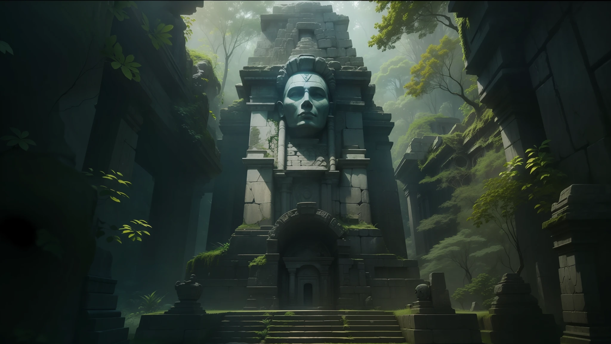 there is a stone face in the middle of a forest, stone eyes, unreal maya, futuristic ruins, #vfxfriday, neoandean architecture, tombs, ps 3, still frame from a movie, video game art, giant head statue ruins, destiny tourist, inspired by Georg Friedrich Schmidt, necropolis, autodesk --auto --s2