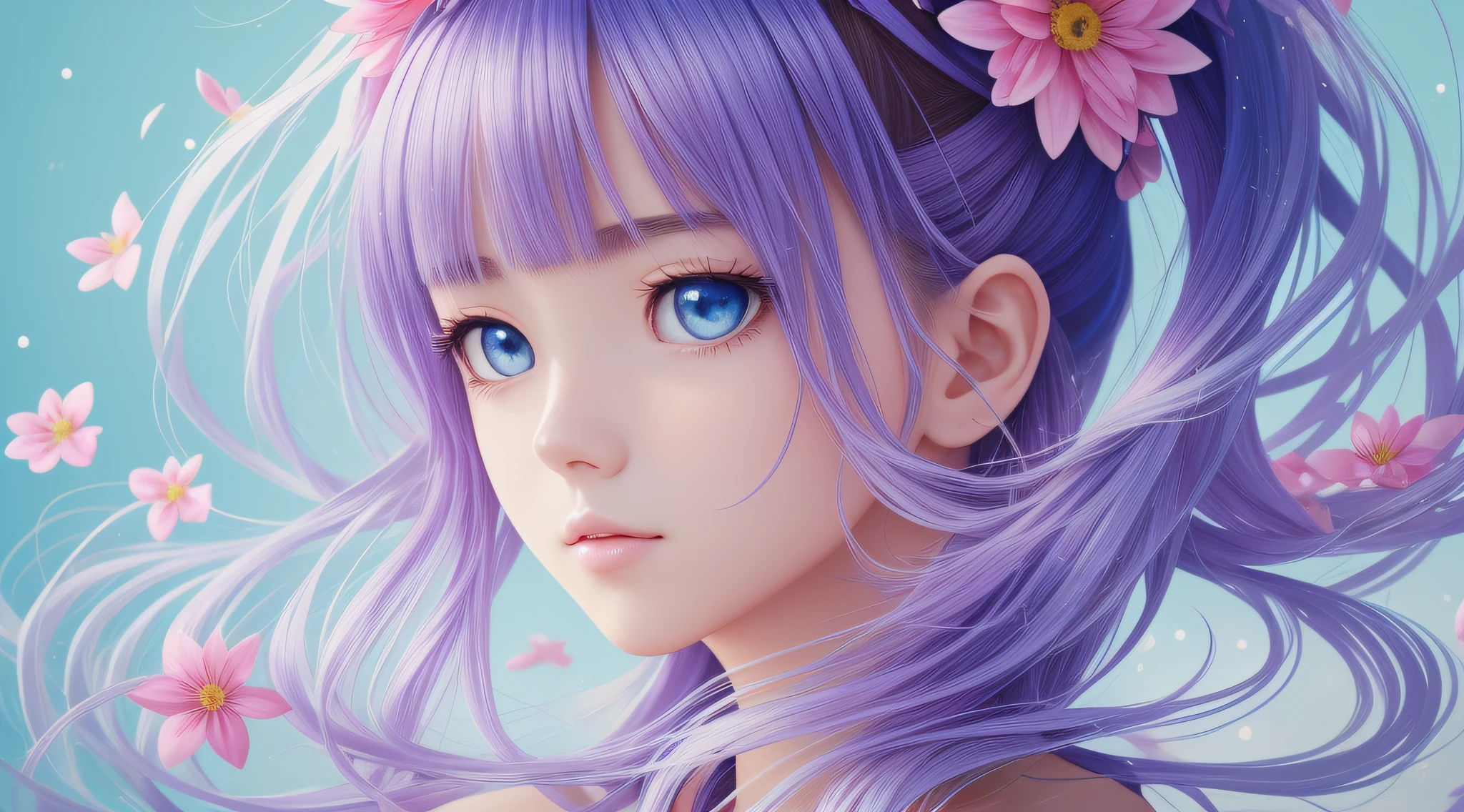 (masterpiece), (best quality), (ultra detailed),(disheveled hair),(illustration), (1girl), (Fashionable clothing), standing, Fashion model, looking at viewer, (interview), (simple background),beautiful detailed eyes, delicate beautiful face, Floating,(high saturation),(colorful splashes),colorful bubble,(shining), focus on face, ponytail, kamisato ayaka, light blue hair, bangs, hair ring, floating flowers, floating hairs, (shining), best lighting, best shadow,