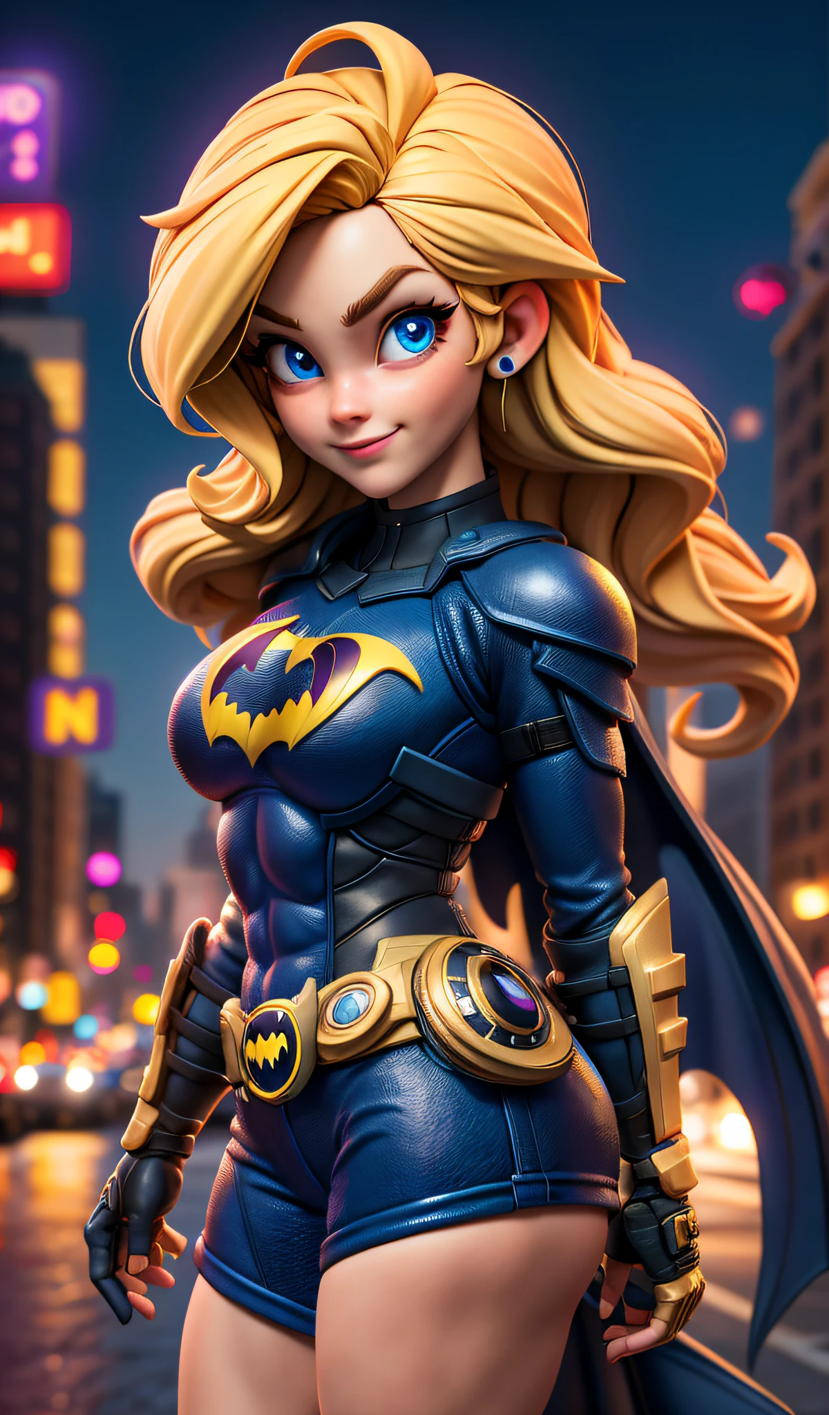 mini\(ttp\), (8k, RAW photo, best quality, masterpiece:1.2), city night background, clean background, depth of field, golden armor batgirl, blue eyes, blonde hair