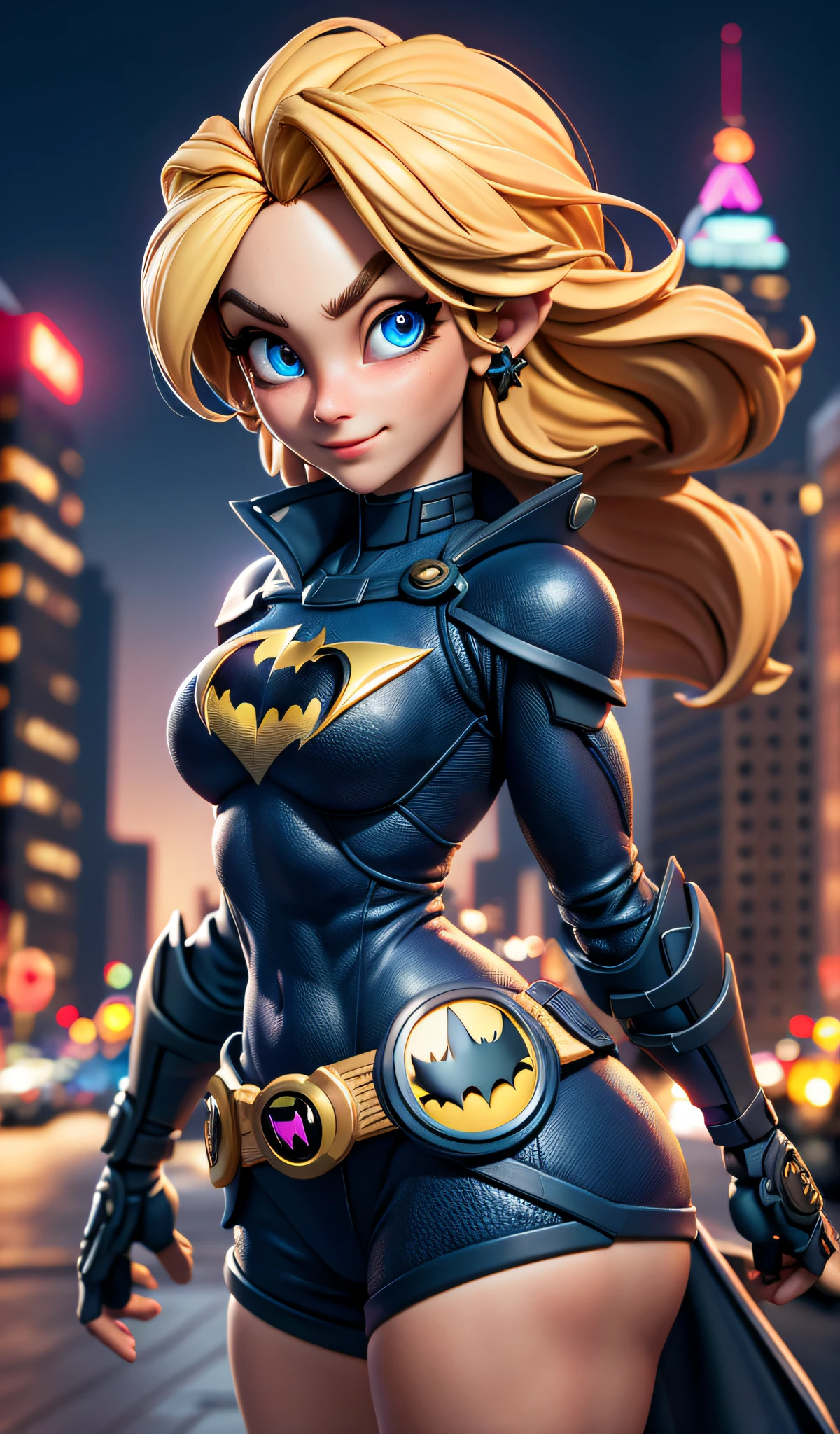 mini\(ttp\), (8k, RAW photo, best quality, masterpiece:1.2), city night background, clean background, depth of field, golden armor batgirl, blue eyes, blonde hair