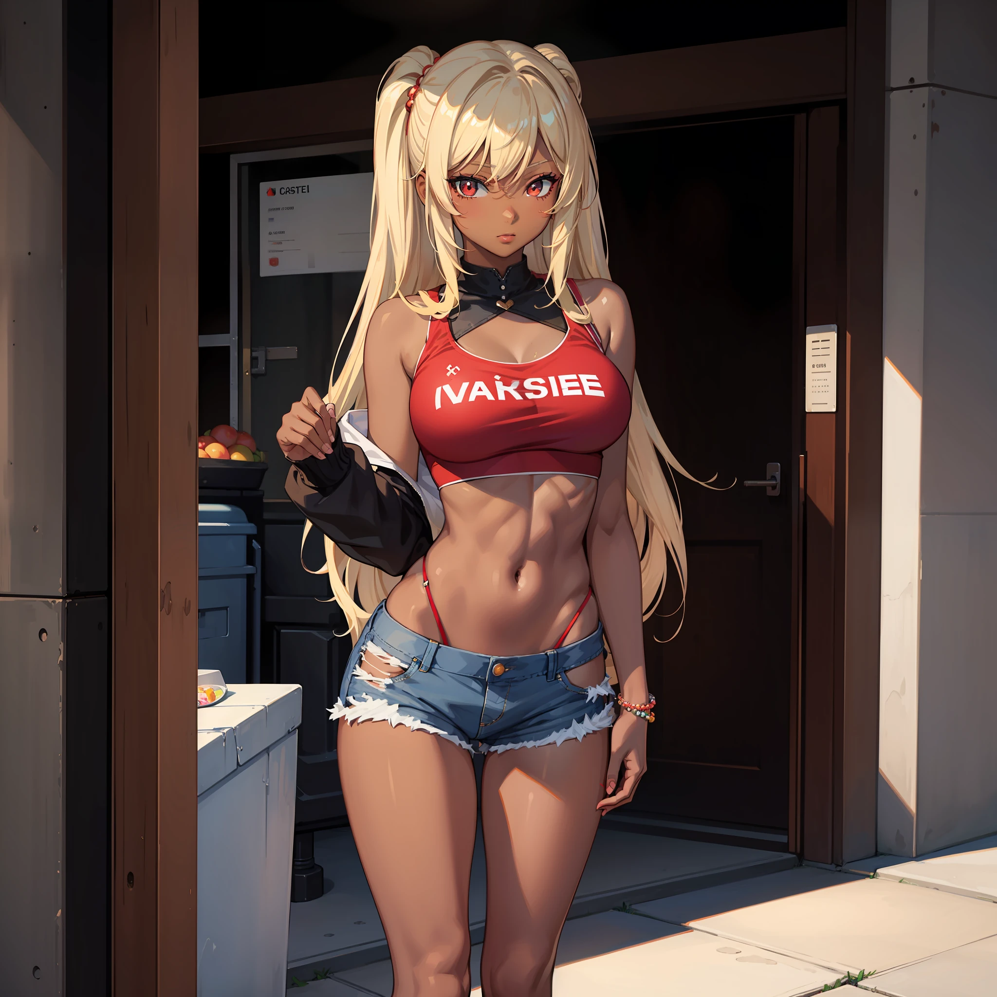 1girl, masterpiece, best_quality, Dark-skinned_female, blonde_eyes, red_eyes, large_breasts, Gyaru, Make up, Shorts, denim_shorts, crop_top, navel, midriff, toned, (abs:0.8),