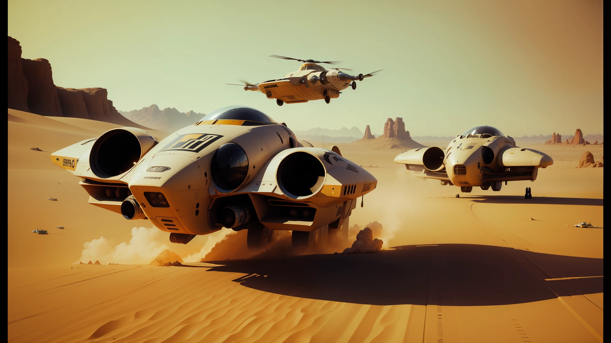 spaceships in the desert with a helicopter flying overhead, behance 3d, panoramic anamorphic, from a 2 0 1 9 sci fi 8 k movie, cute future vehicles, beautiful sci - fi twins, fabian wagner cinematography, inspired by Dave Dorman, speeder, by Paul Kelpe, keyshot, by Werner Tübke --ar 16:9 --auto --s2