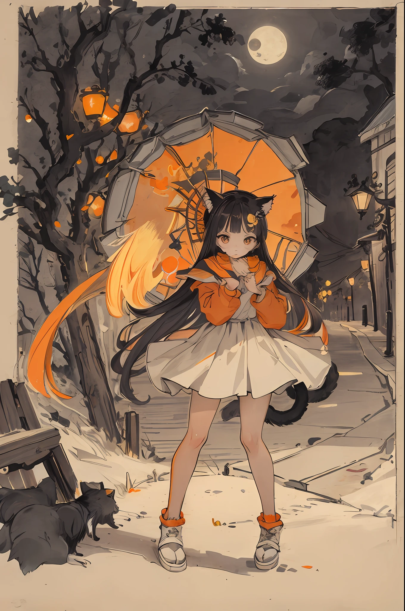 cat, orange, cute, big eyes, masterpiece, full moon, alley