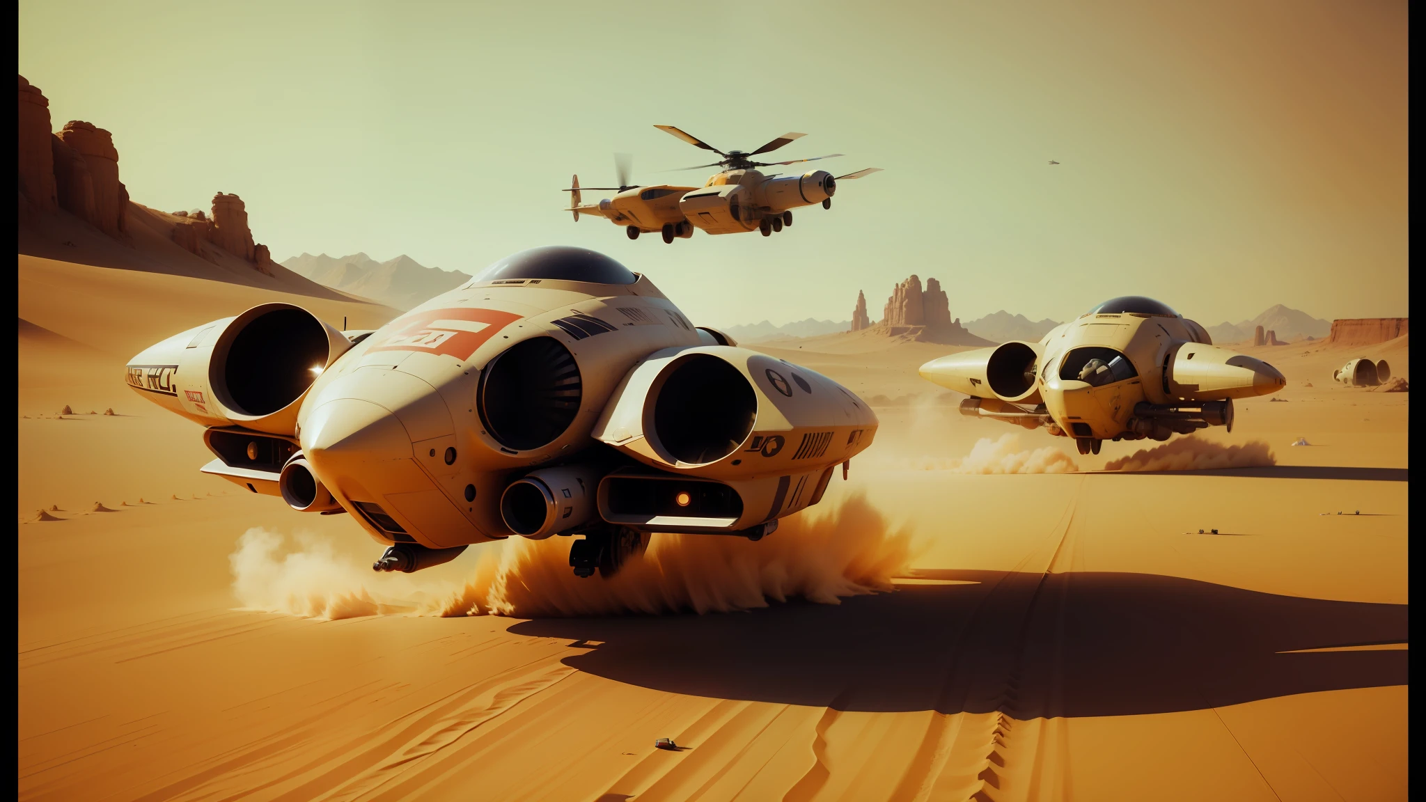 spaceships in the desert with a helicopter flying overhead, behance 3d, panoramic anamorphic, from a 2 0 1 9 sci fi 8 k movie, cute future vehicles, beautiful sci - fi twins, fabian wagner cinematography, inspired by Dave Dorman, speeder, by Paul Kelpe, keyshot, by Werner Tübke --ar 16:9 --auto --s2