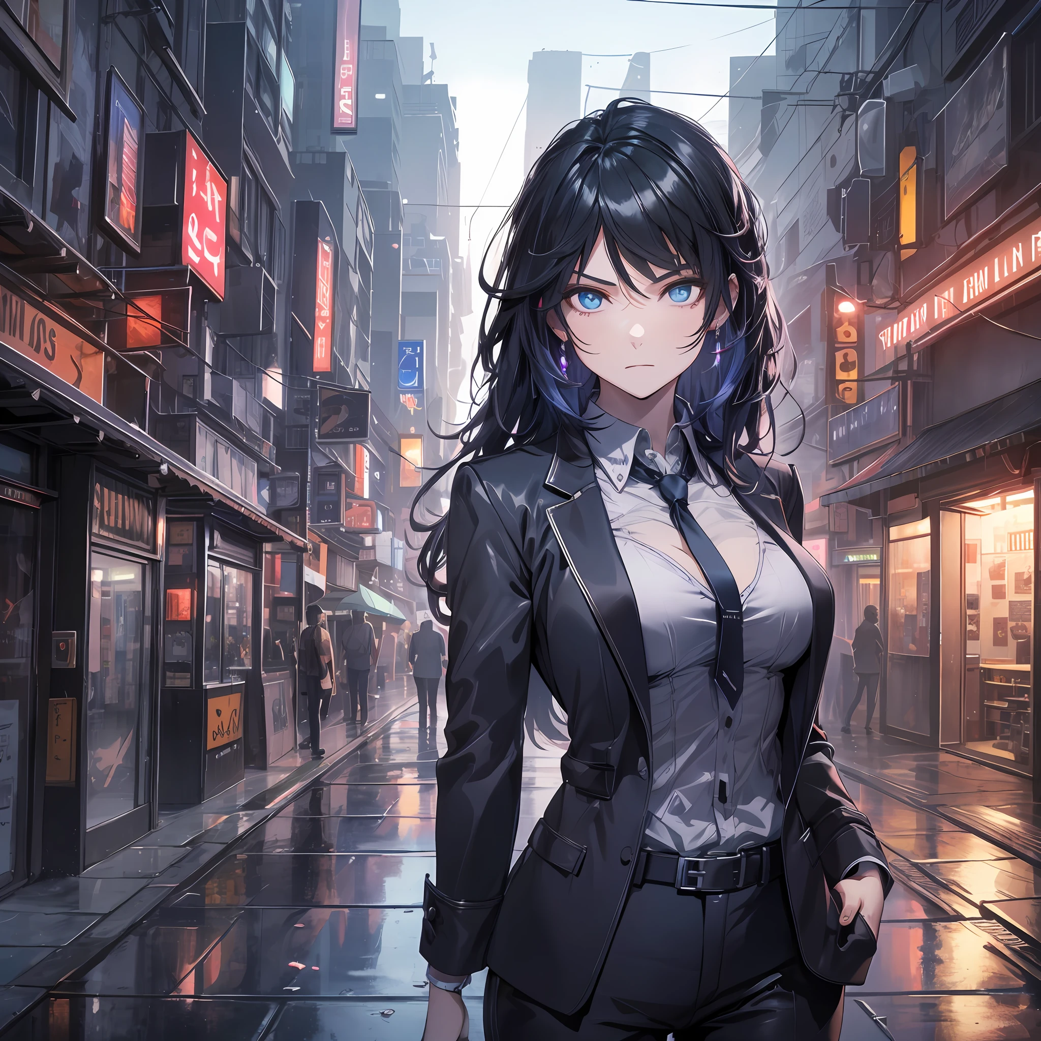 16K, HDR, RTX, raytracing, natural lighting, absurdres, best qaulity masterpiece, perfect anatomy highly detailed face, detailed eyes, 1girl, solo, wearing a business suit, shirt, top button open, beautiful hair, extreme beautiful, edgy, cool, evil aura, windy, glowing eyes, serious expressions, dystopian city, futuristic, detailed background, award winning, neon lights, trending on art station