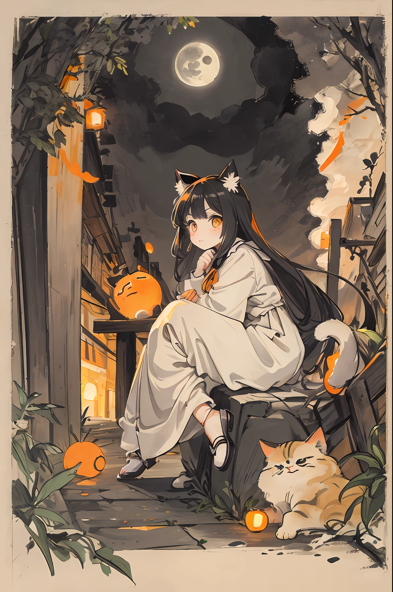 cat, orange, cute, big eyes, masterpiece, full moon, alley