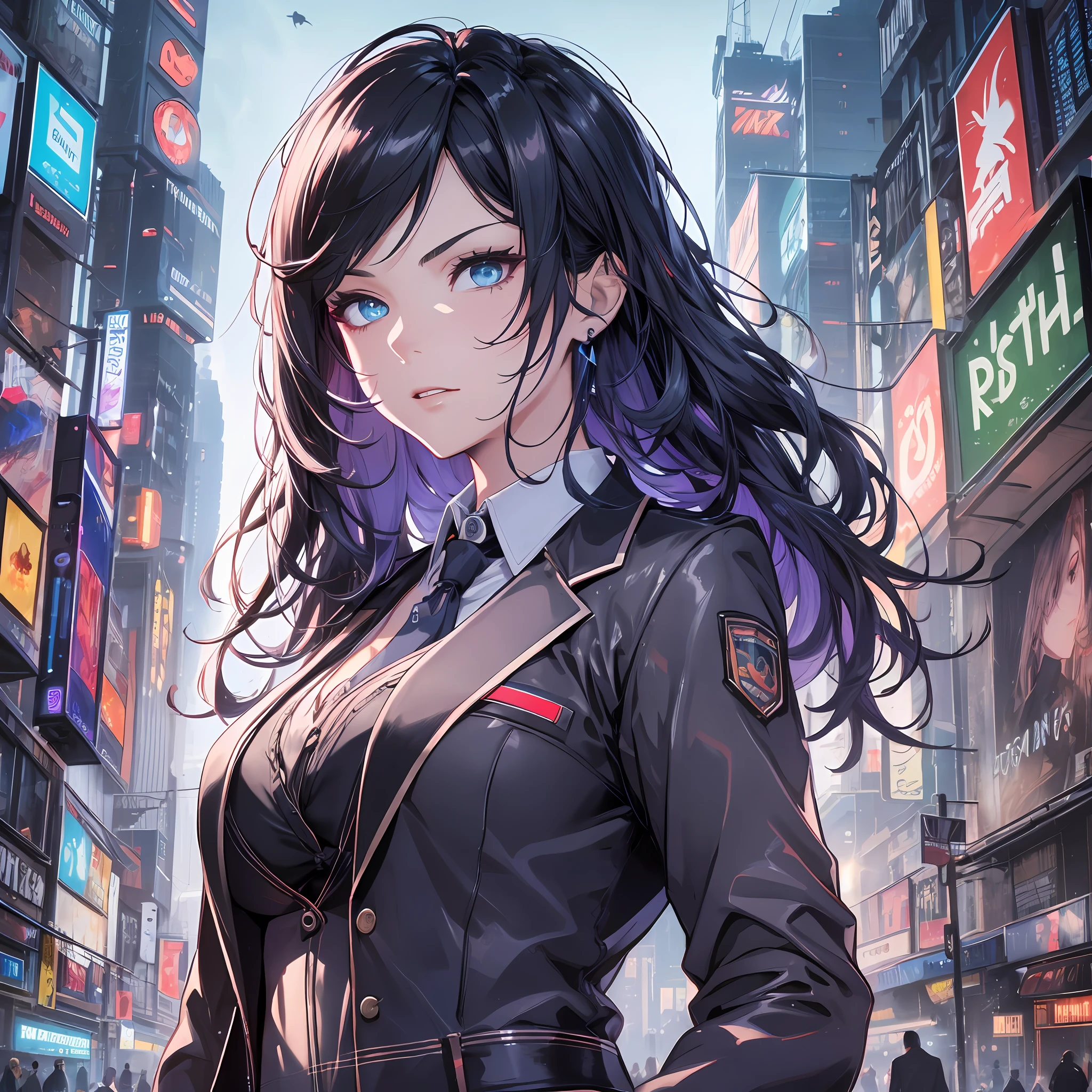 16K, HDR, RTX, raytracing, natural lighting, absurdres, best qaulity masterpiece, perfect anatomy highly detailed face, detailed eyes, 1girl, solo, wearing a business suit, shirt, top button open, beautiful hair, extreme beautiful, edgy, cool, evil aura, windy, glowing eyes, serious expressions, dystopian city, futuristic, detailed background, award winning, neon lights, trending on art station