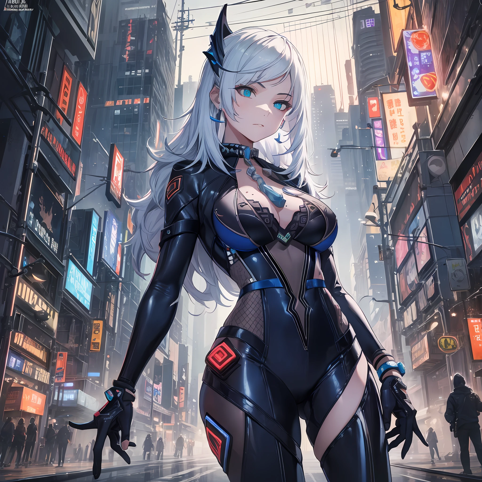 16K, HDR, RTX, raytracing, natural lighting, absurdres, best qaulity masterpiece, perfect anatomy highly detailed face, detailed eyes, 1girl, solo, wearing a white business suit, black shirt, top button open, beautiful hair, extreme beautiful, edgy, cool, evil aura, windy, glowing eyes, serious expressions, dystopian city, futuristic, detailed background, award winning, neon lights, trending on art station