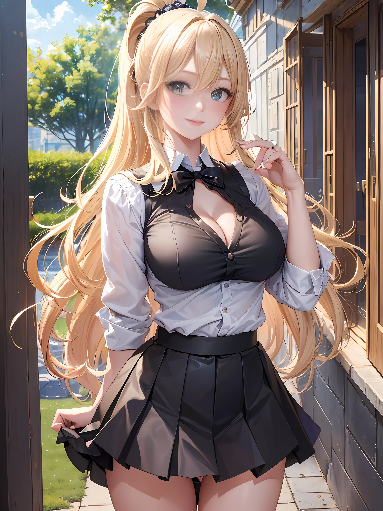 Masterpiece, Best Quality, Official Art, (Highly Detailed CG Unity 8k wallpaper), Detailed background, (Hands by Guido Daniele: 1.1), Feet out of frame, First Person View, 1, Attractive and perfect beautiful woman, Schoolgirl, JK, Schoolgirl uniform, spring, cherry, wind blowing, (((Flipping skirt, panties visible))), ( Curvaceous), ( White thighs: 1.12), ( Blonde Long Hair: 1.12), (Ahoge: 1.13), (High Ponytail: 1.12), (Green Eyes: 1.13), Look at the Beholder, Big, (cleavage), Beautiful Face, (Blush: 1.11), (Smile: 1.11)