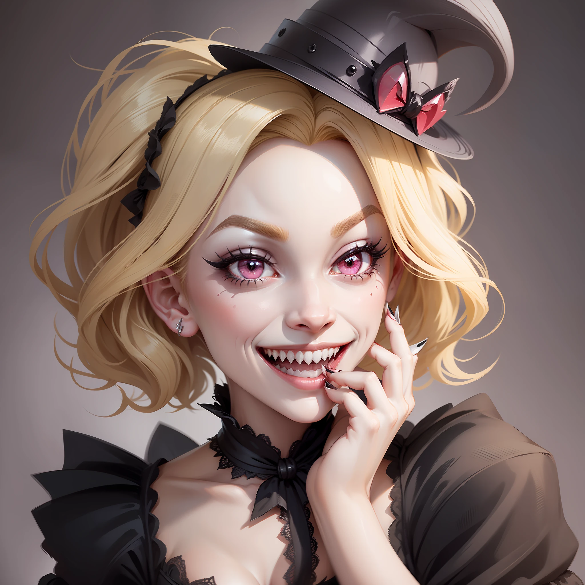 Rosie from Hazbin Hotel, with her demon persona, with Blonde hair, and black eyes with no pupils, resembles Marylin Monroe, beautiful, flat chest, wearing a Victorian-era dress, sharp teeth, laughing hysterically looking at the viewer, hands on face, in a background of a dress shop