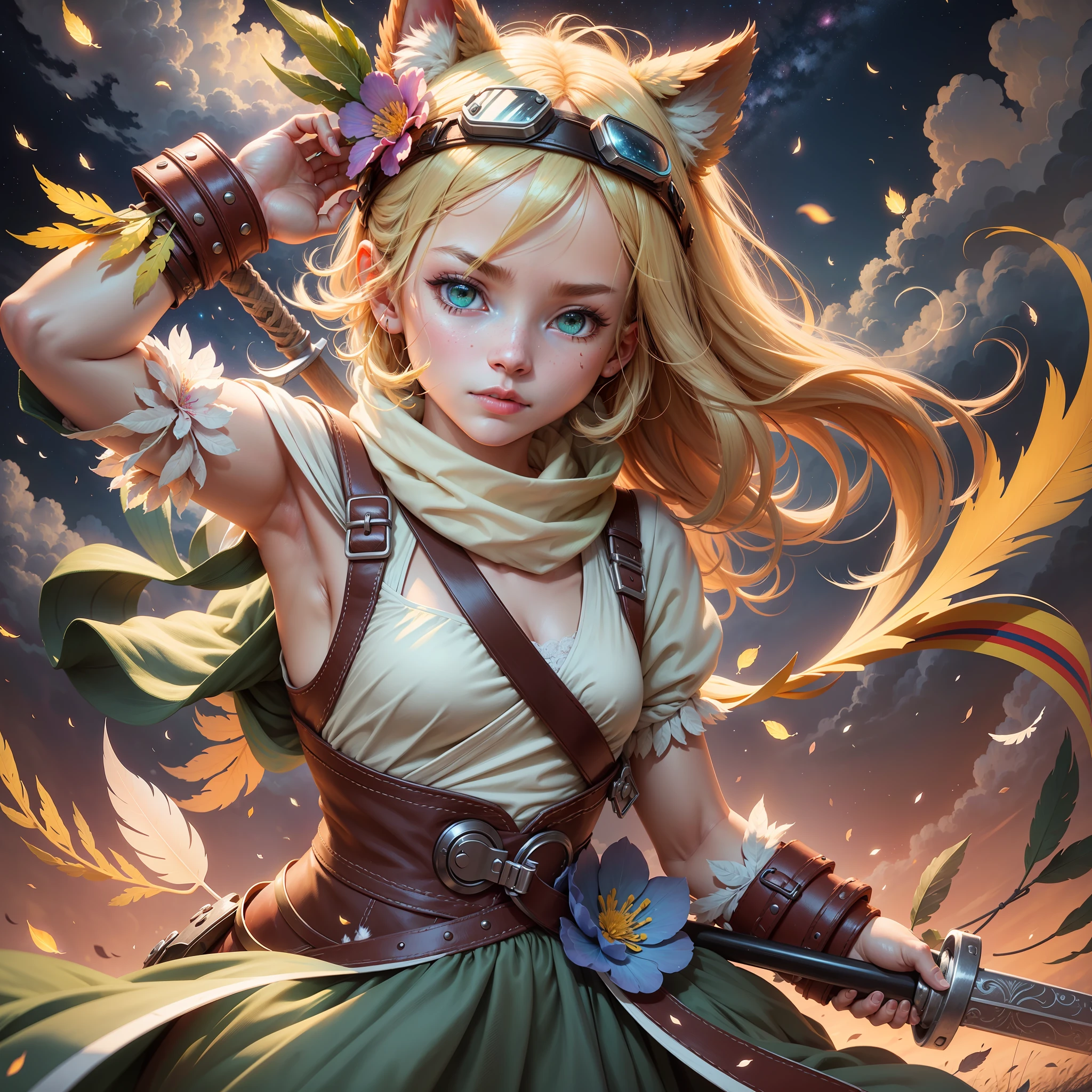 starry sky, sunset, depth of field, perfect lighting, light particles,(best quality),(masterpiece),(ultra detailed),sharp focus,light particles,niji, eyesgod, lightgreen_fur, furry, (upper body), rainbow, colorful flower, looking at viewer, blonde, galaxy, cloud_force, dusk, tree, bird, starfall, falling leaves, wind, weapon, sheath, sheathed, scabbard, bandages,headband, feather, motion blur, goggles on head --auto --s2
