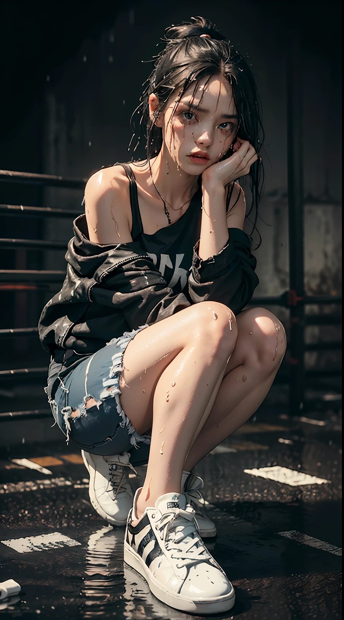Best picture quality, masterpiece, super high resolution, (fidelity: 1.4), photo, 1 girl, black shirt, ripped black jeans, white sneakers, dark, darkness, despair, pity, poor, film, tears, teardrops, (torn clothes: 1.5), (wet clothes: 1.4), bare shoulders, real rain, wet hair, punk style