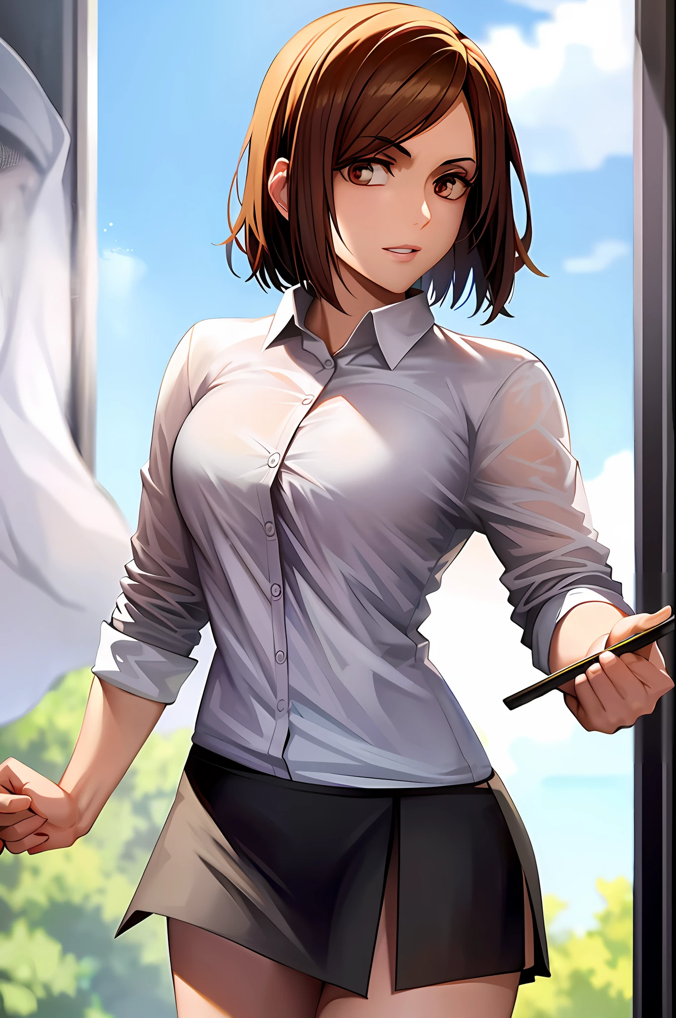 1girl, cowboy shot, beautiful NobaraJK, white shirt, unbuttoned, black skirt, office, volumetric lighting, best quality, masterpiece, intricate details, tonemapping, sharp focus, hyper detailed, trending on Artstation,