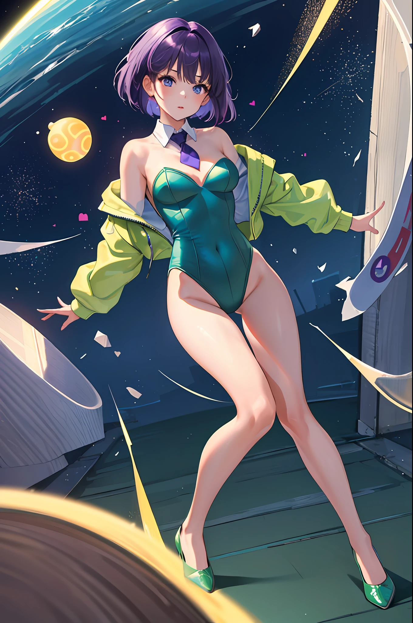 ((masterpiece)), ((best quality)), highres, 1girl, solo, green suit and tie, leotard, bare legs, matching shoes, looking at viewer, city backdrop, perfect hands, perfect eyes, perfect leotard, perfect legs, perfect arms, perfect fingers, medium breasts, standing, purple hair, short hair, bob hair, blue eyes, standing, (full body), super spin, twirl, magic, light particles, power, swirls, (heart particles:1.1),