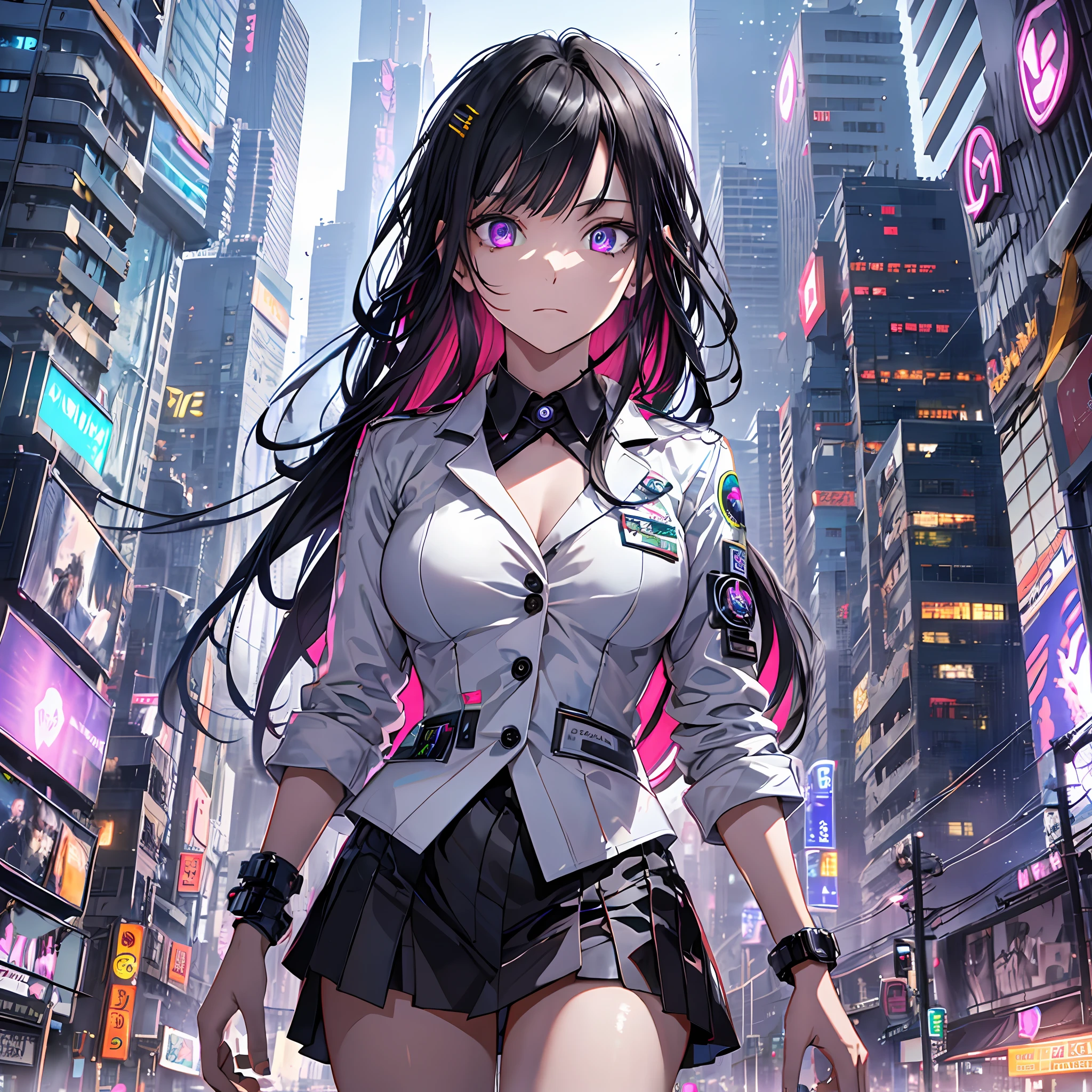 16K, HDR, RTX, raytracing, natural lighting, absurdres, best qaulity masterpiece, perfect anatomy highly detailed face, detailed eyes, 1girl, solo, wearing a white business suit, black shirt, top button open, long black hair, extreme beautiful, edgy, cool, evil aura, windy, glowing eyes, serious expressions, dystopian city, futuristic, detailed background, award winning, neon lights, trending on art station