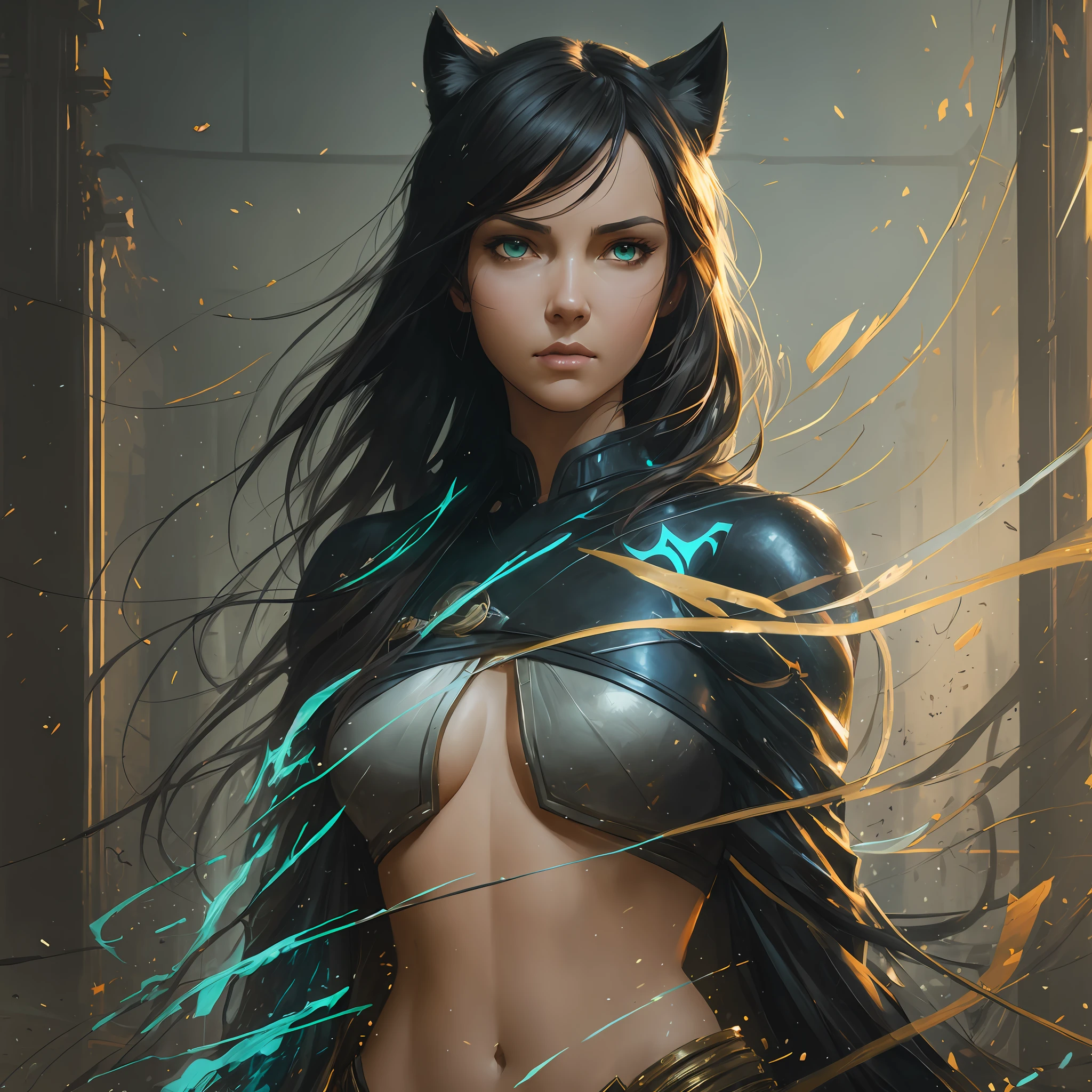 modelshoot style, (extremely detailed CG unity 8k wallpaper), body photo of the most beautiful artwork in the world, big black panther, green eyes, professional majestic oil painting by Ed Blinkey, Atey Ghailan, Studio Ghibli, by Jeremy Mann, Greg Manchess, Antonio Moro, trending on ArtStation, trending on CGSociety, Intricate, High Detail, Sharp focus, dramatic, photorealistic painting art by midjourney and greg rutkowski