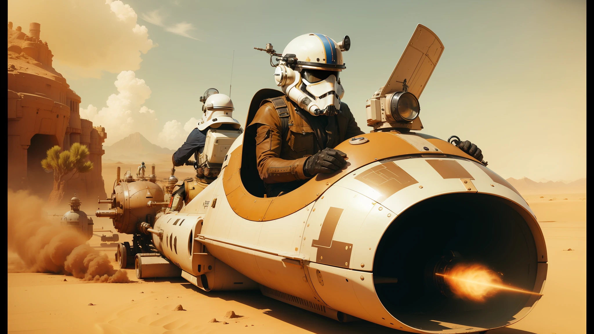 there is a man in a helmet riding on a vehicle in the desert, steampunk stormtrooper, realistic colorful photography, inspired by Leonard Daniels, speedy aircraft, kitbashing component, harrison ford from indiana jone, by Wes Anderson, artistic rendering--ar 16:9 --auto --s2