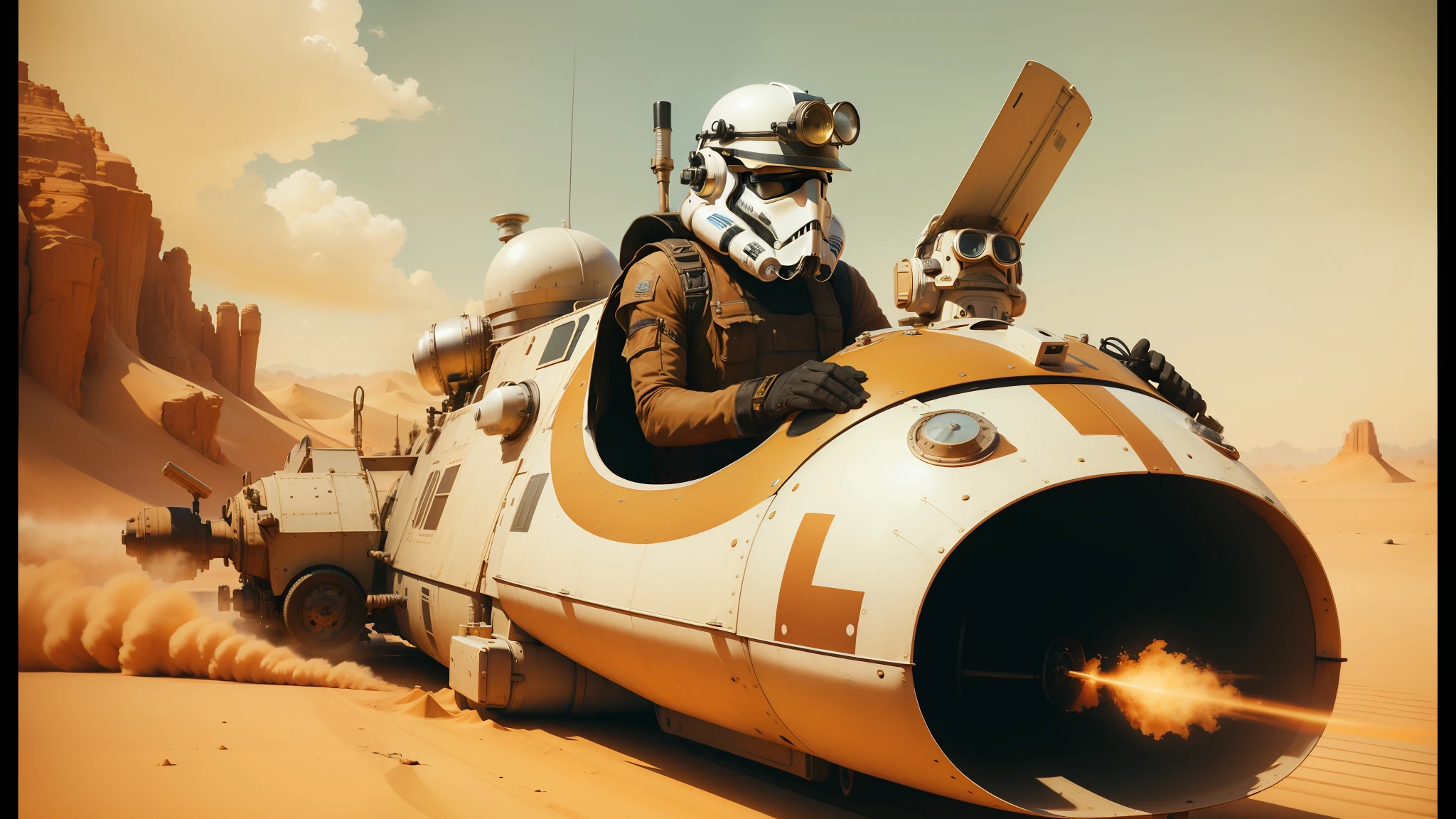 there is a man in a helmet riding on a vehicle in the desert, steampunk stormtrooper, realistic colorful photography, inspired by Leonard Daniels, speedy aircraft, kitbashing component, harrison ford from indiana jone, by Wes Anderson, artistic rendering--ar 16:9 --auto --s2