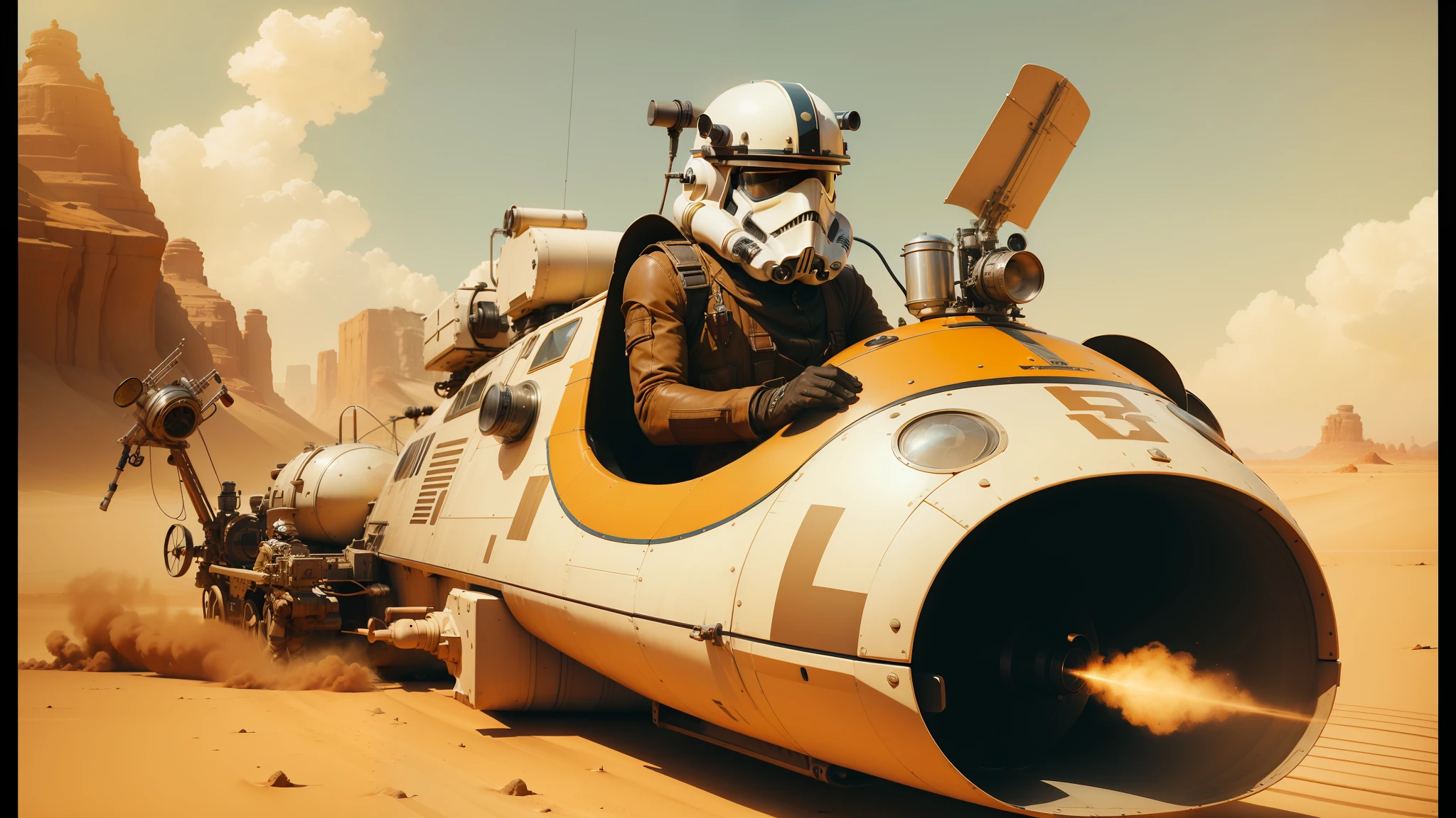 there is a man in a helmet riding on a vehicle in the desert, steampunk stormtrooper, realistic colorful photography, inspired by Leonard Daniels, speedy aircraft, kitbashing component, harrison ford from indiana jone, by Wes Anderson, artistic rendering--ar 16:9 --auto --s2