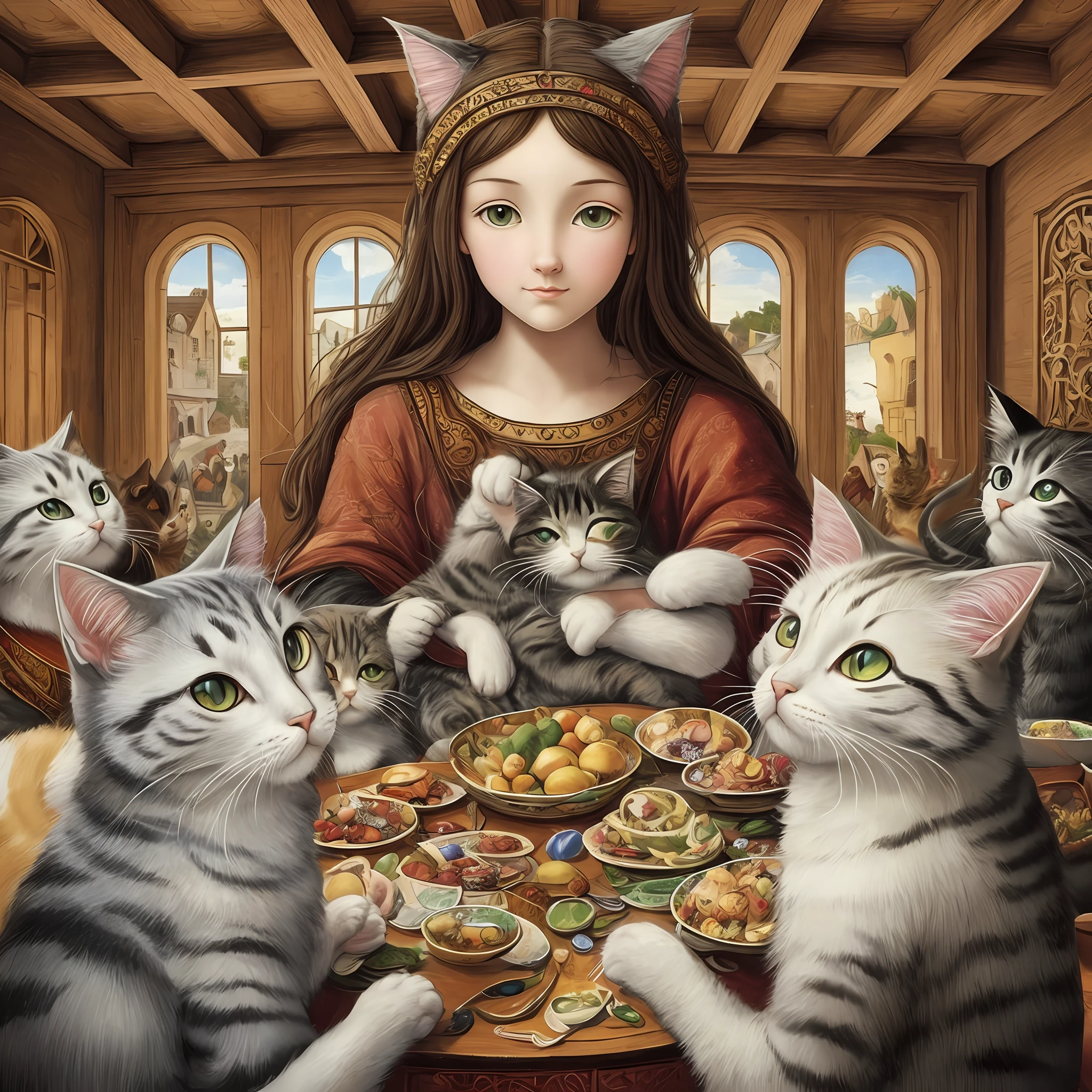 a group of cats that are sitting around a table, a renaissance painting, by Mstislav Dobuzhinsky, furry art, posing as last supper, jesus holding a cute cat, benjamin lacombe, chris dyer