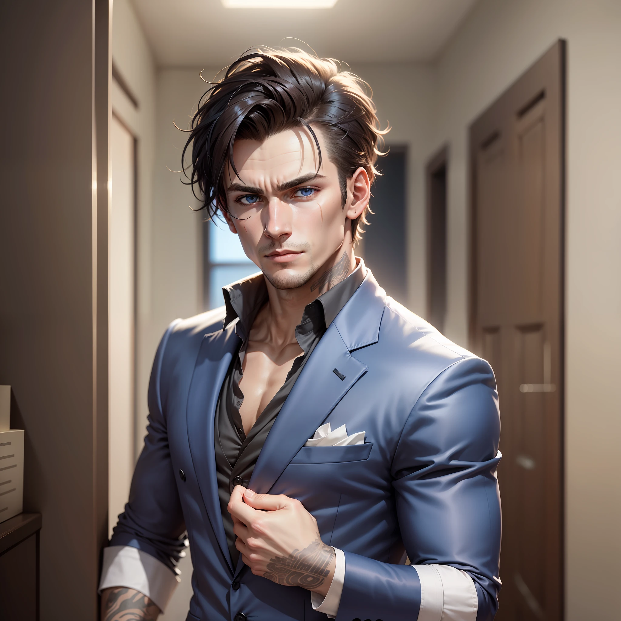 Benjamin Hayes:
Height: 1,85m
Physical constitution: Slim and athletic
Eyes: Intense and piercing blues
Hair: Short, dark brown and slightly disheveled
Distinguishing marks: Discrete scar on chin
Attire: Well-cut suits and dress shirts