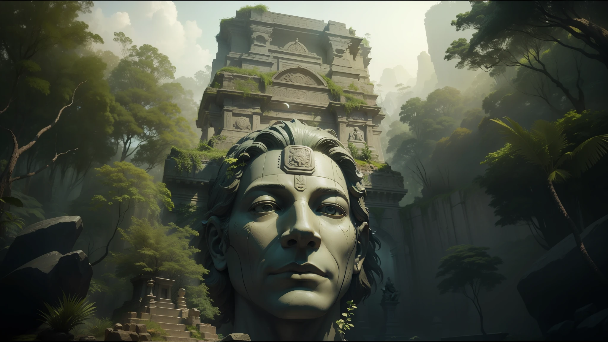 there is a statue of a man in a forest with a sunbeam, eyes of stone, the lost city of atlantis, inspired by Mike Winkelmann, kailasa temple, still from the movie 'tomb raider', sumatraism, anamorphic panoramic, by Pieter de Grebber , god shiva the destroyer , zen meditation, zen from a science fiction movie 2 0 1 9 8 k --auto --s2