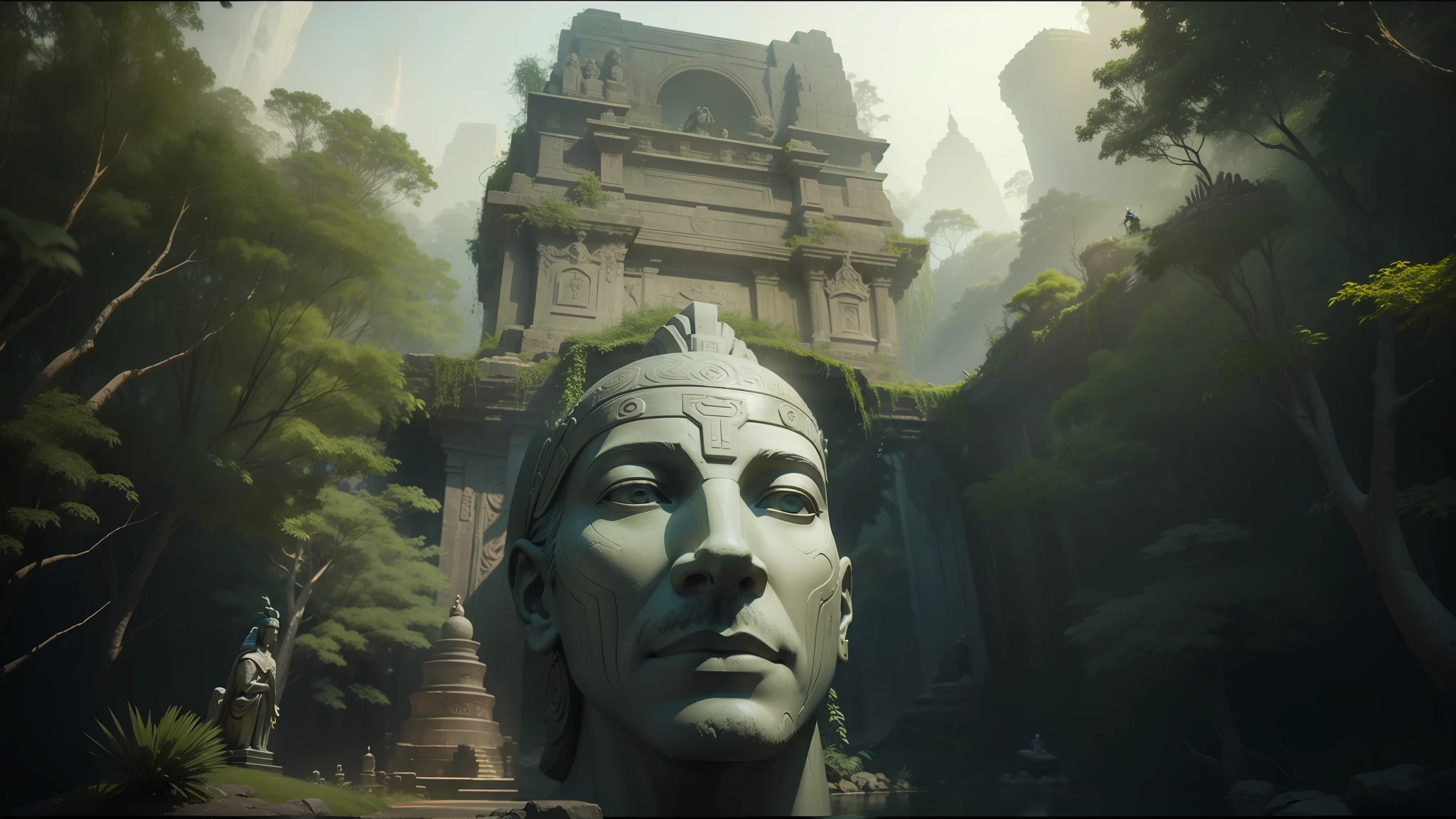 there is a statue of a man in a forest with a sunbeam, eyes of stone, the lost city of atlantis, inspired by Mike Winkelmann, kailasa temple, still from the movie 'tomb raider', sumatraism, anamorphic panoramic, by Pieter de Grebber , god shiva the destroyer , zen meditation, zen from a science fiction movie 2 0 1 9 8 k --auto --s2