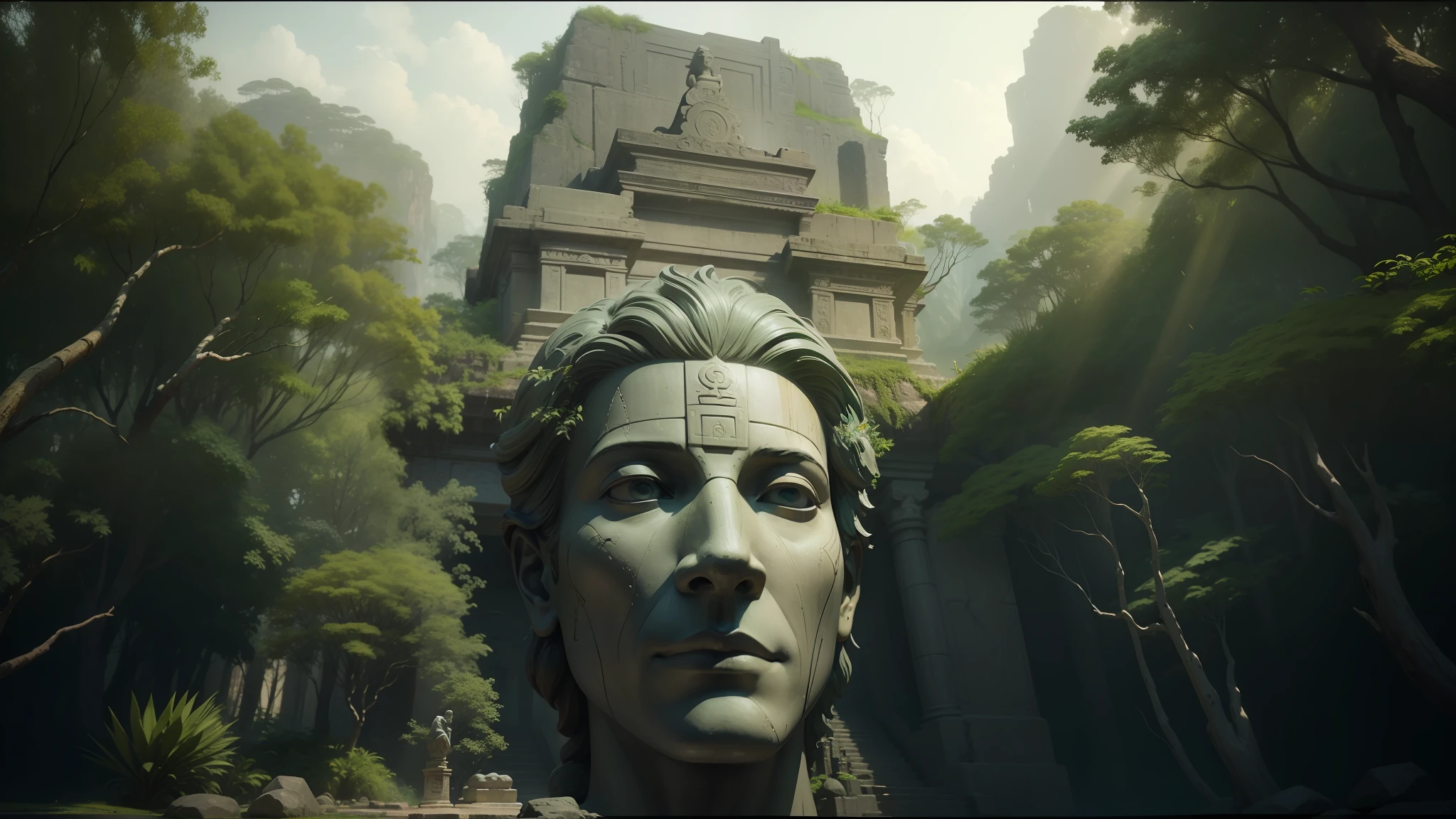 there is a statue of a man in a forest with a sunbeam, eyes of stone, the lost city of atlantis, inspired by Mike Winkelmann, kailasa temple, still from the movie 'tomb raider', sumatraism, anamorphic panoramic, by Pieter de Grebber , god shiva the destroyer , zen meditation, zen from a science fiction movie 2 0 1 9 8 k --auto --s2