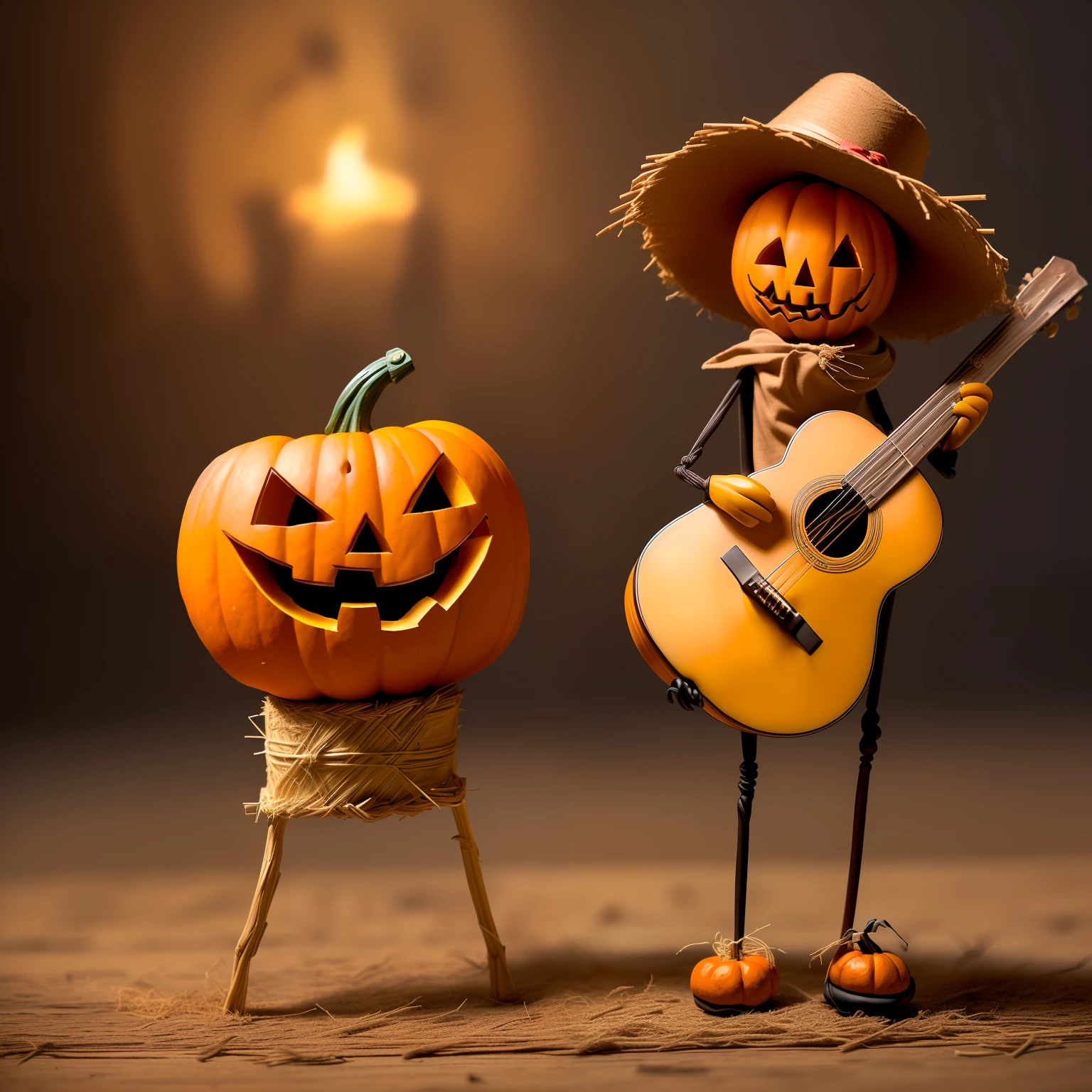 (high quality and ultra-detailed CG image, best illumination and shadow),(naked cute funny little small thin musician scarecrow figurine with scare pumpkin head,  small wooden stick body filled with straw, wood stick arms with straw and wood stick legs with straw), (playing a classic guitar),(magic night forest environment)