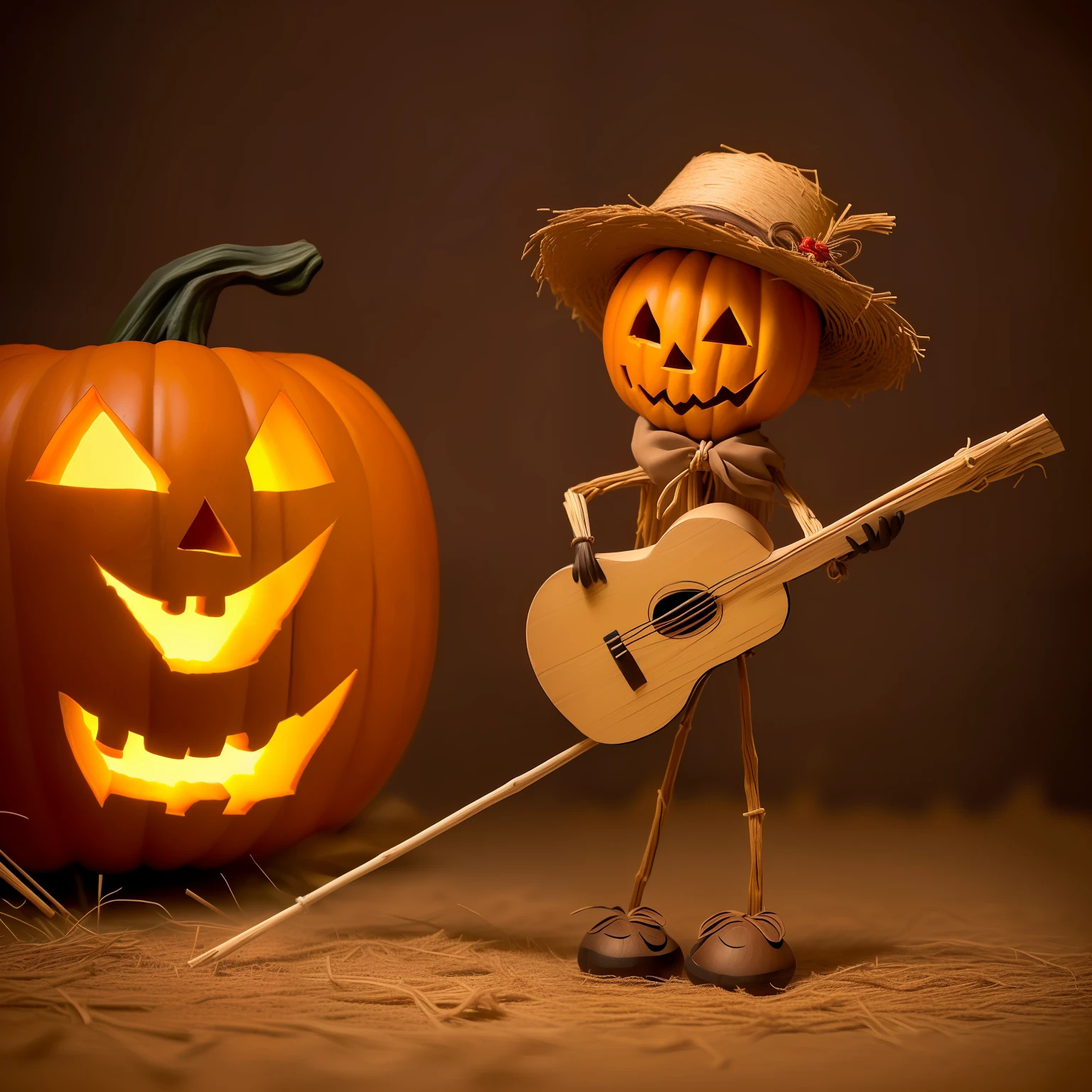 (high quality and ultra-detailed CG image, best illumination and shadow),(naked cute funny little small thin musician scarecrow figurine with scare pumpkin head,  small wooden stick body filled with straw, wood stick arms with straw and wood stick legs with straw), (playing a classic guitar),(magic night forest environment)