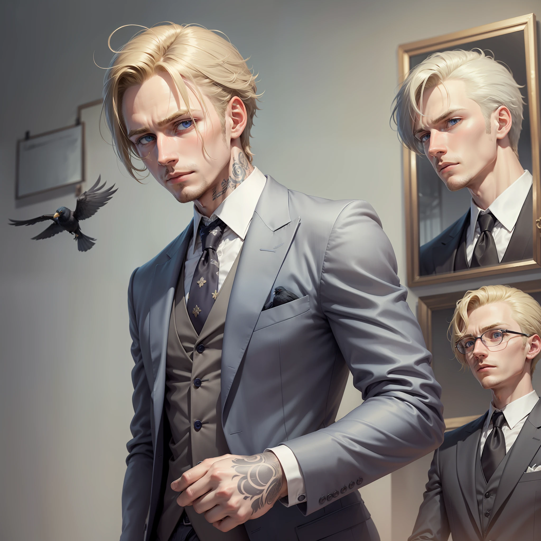 Lucas Fitzgerald:

Height: 1,75m
Physical constitution: Slim and agile
Eyes: Bluish-grey, cold and calculating
Hair: Short, blonde and combed back with precision
Distinguishing marks: Tattoo of a crow on the forearm
Attire: Impeccable suits and high quality shirts, always well groomed