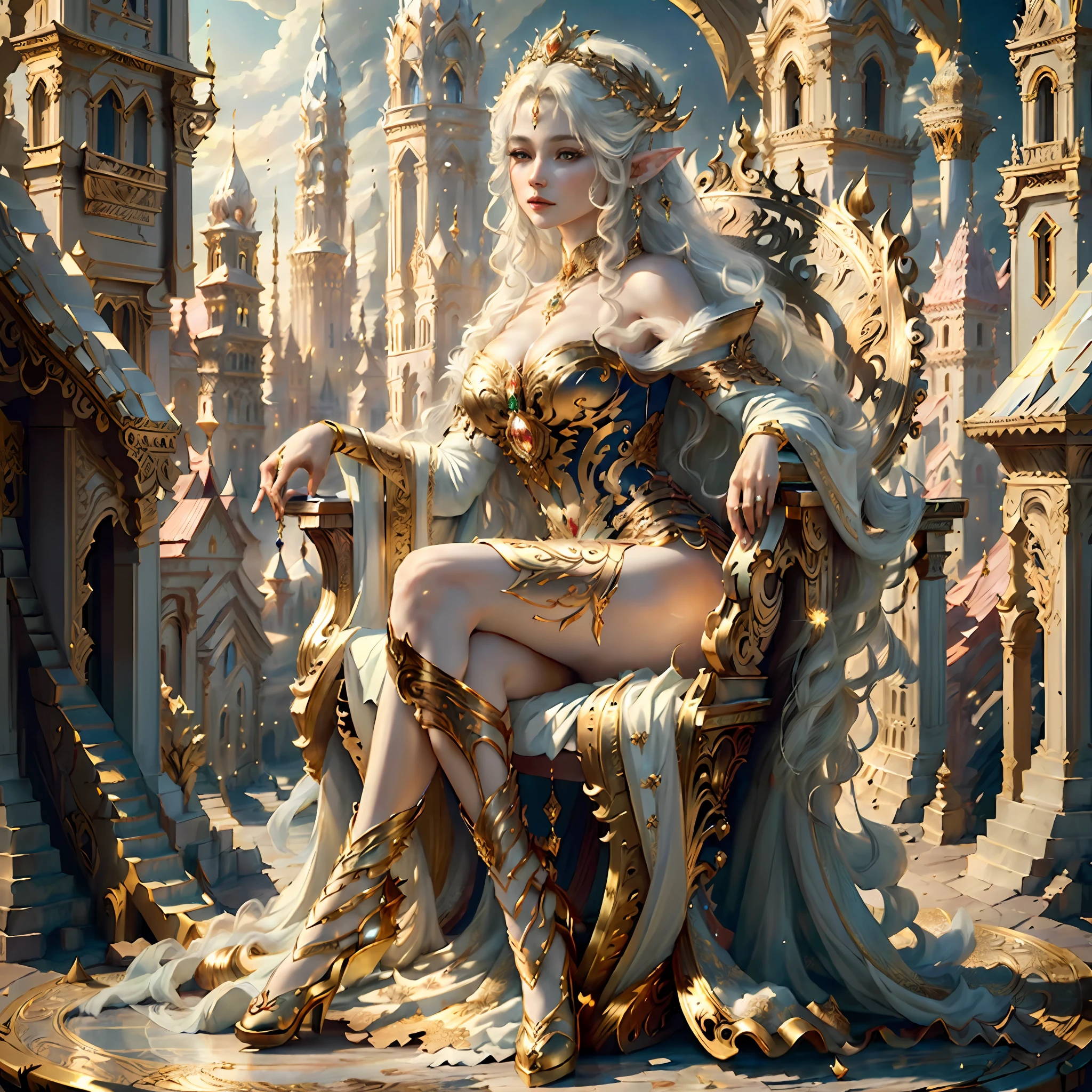 (((masterpiece)), IvoryGoldAI city at night, isometric, 3D rendering, very high definition, high detail, 8k, cinematic lighting, ultra high resolution, best quality, there is a woman sitting on a chair in the city, a beautiful fantasy queen, ((a beautiful fantasy queen)), Karol Bak UHD, beautiful elf with gorgeous , detailed fantasy digital art, beautiful fantasy art, detailed fantasy art, Very beautiful fantasy art, goddess. Extremely high detail, fantasy woman, beautiful elegant elf queen, beautiful fantasy art portrait