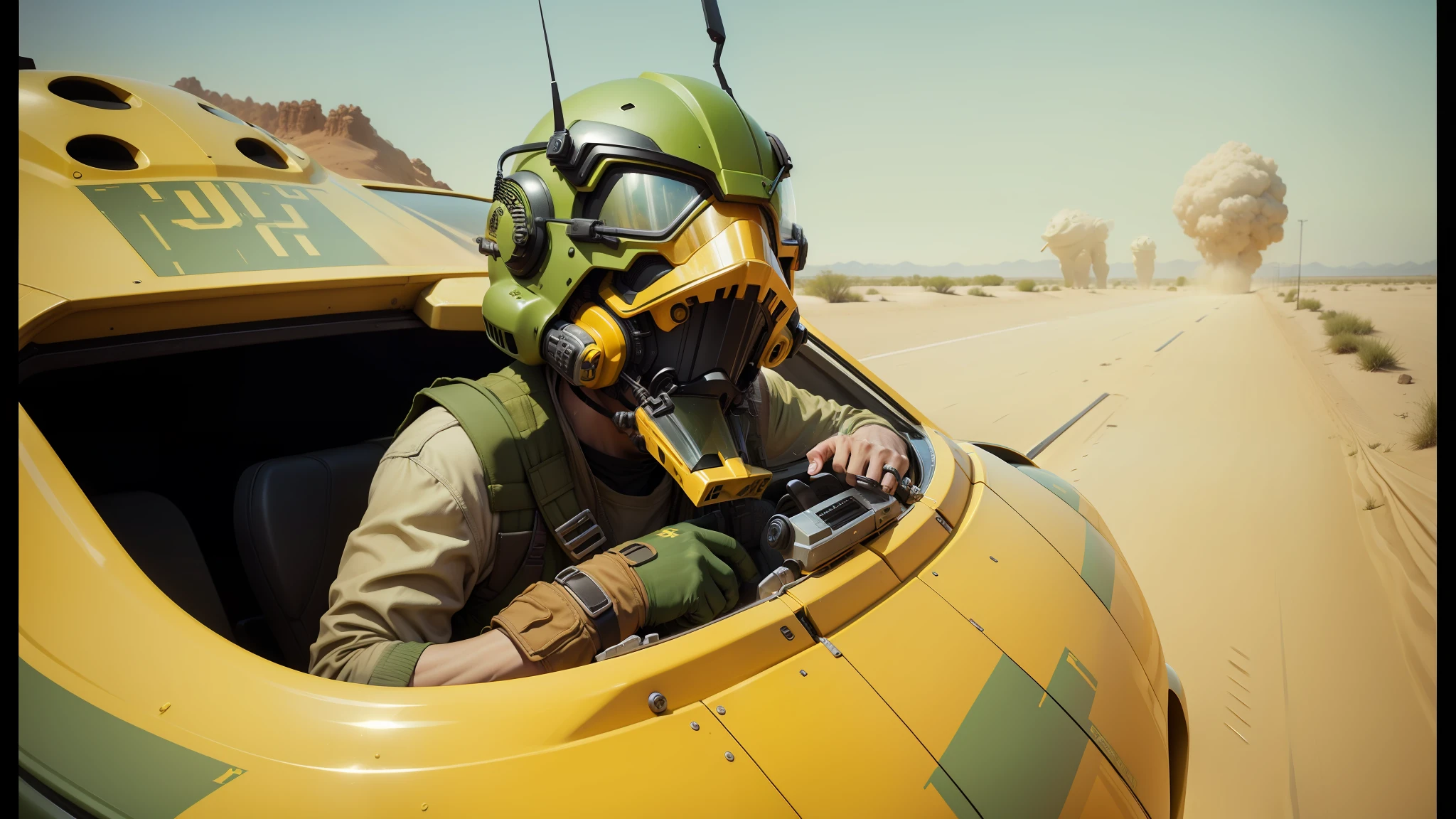 there is a man in a green helmet and goggles driving a yellow vehicle, in a star wars sequel, beaked mask, in cockpit, inspired by Scott Listfield, mouth open in a terrifying roar, dust and sand in the air, color corrected, angry man, character close-up, speedy aircraft, award-winning photograph, style of midjourney --ar 16:9 --auto --s2