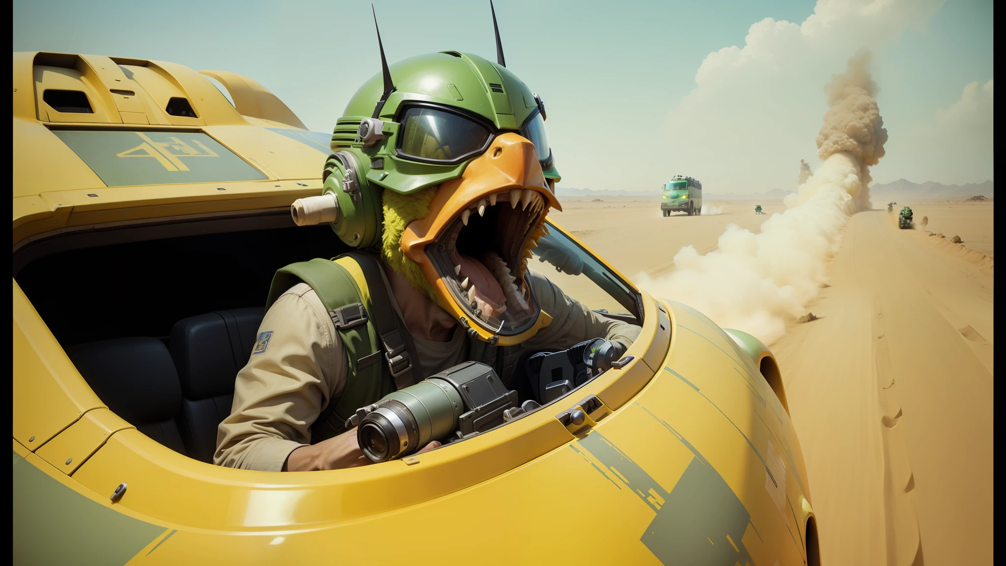 there is a man in a green helmet and goggles driving a yellow vehicle, in a star wars sequel, beaked mask, in cockpit, inspired by Scott Listfield, mouth open in a terrifying roar, dust and sand in the air, color corrected, angry man, character close-up, speedy aircraft, award-winning photograph, style of midjourney --ar 16:9 --auto --s2